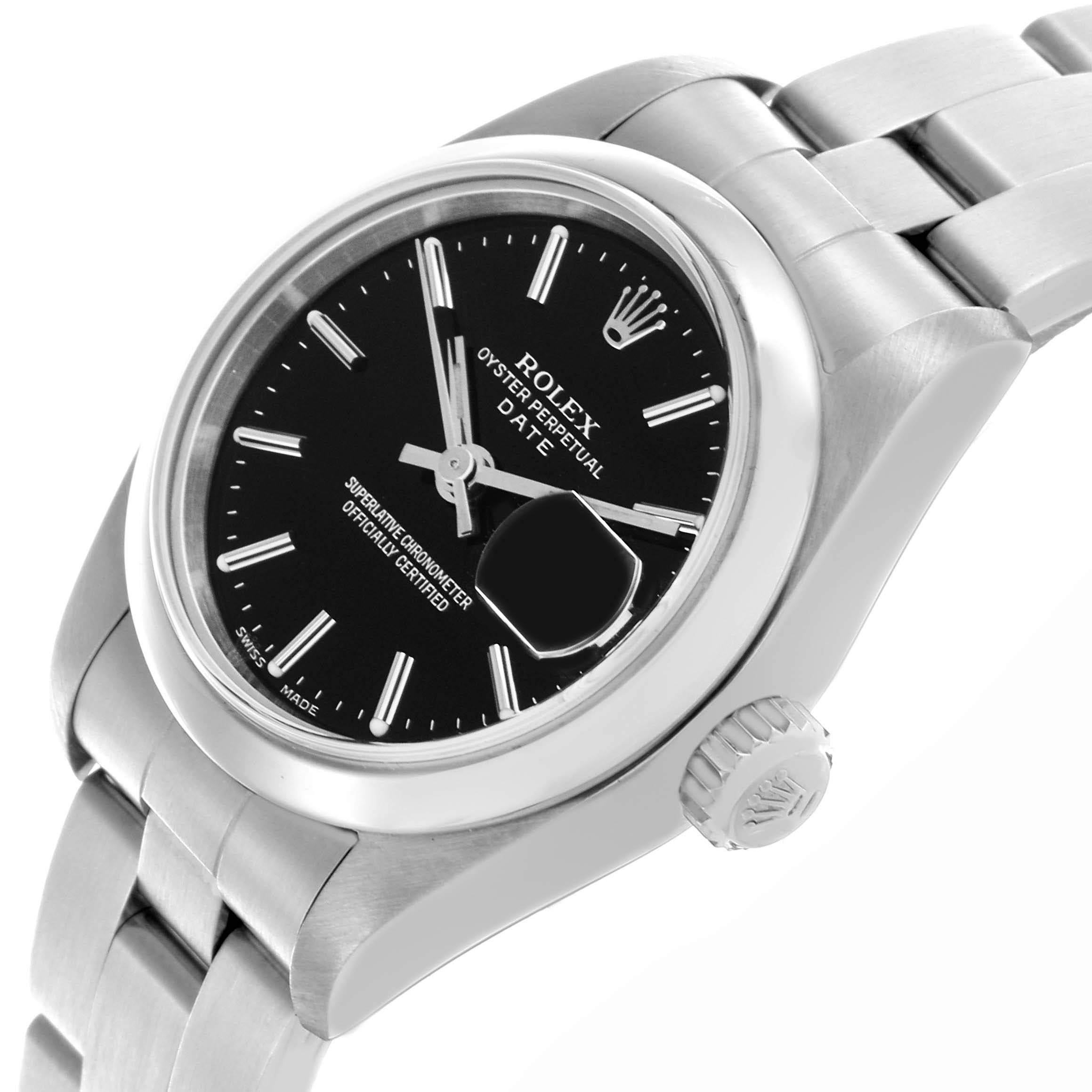 The Rolex Date 79160 Women's Stainless Steel Black Dial 79160 Women's Stainless Steel Black Dial watch is angled to show the black dial, bezel, crown, and part of the stainless steel bracelet.