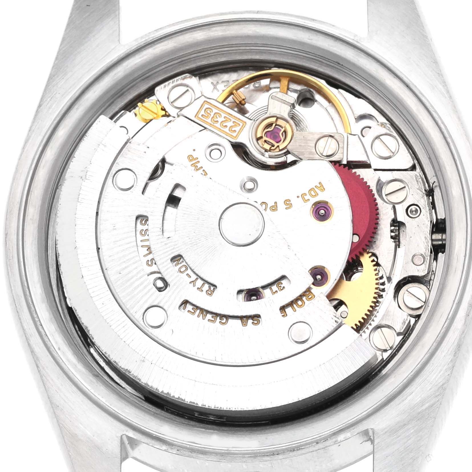 The image shows the internal mechanism of a Rolex Date 79160 Women's Stainless Steel Black Dial 79160 Women's Stainless Steel Black Dial model watch, viewed from the back.