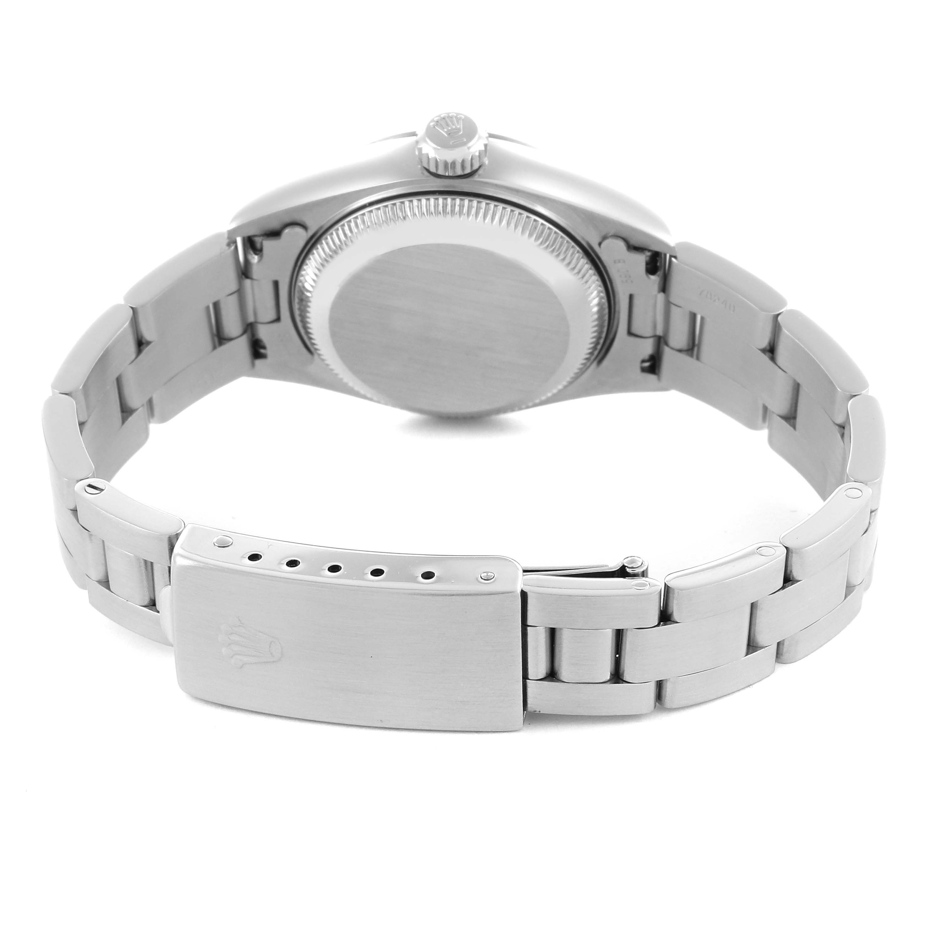 The image shows the back case, crown, and clasp of a Rolex Date 79160 Women's Stainless Steel Black Dial 79160 Women's Stainless Steel Black Dial watch from a rear angle.