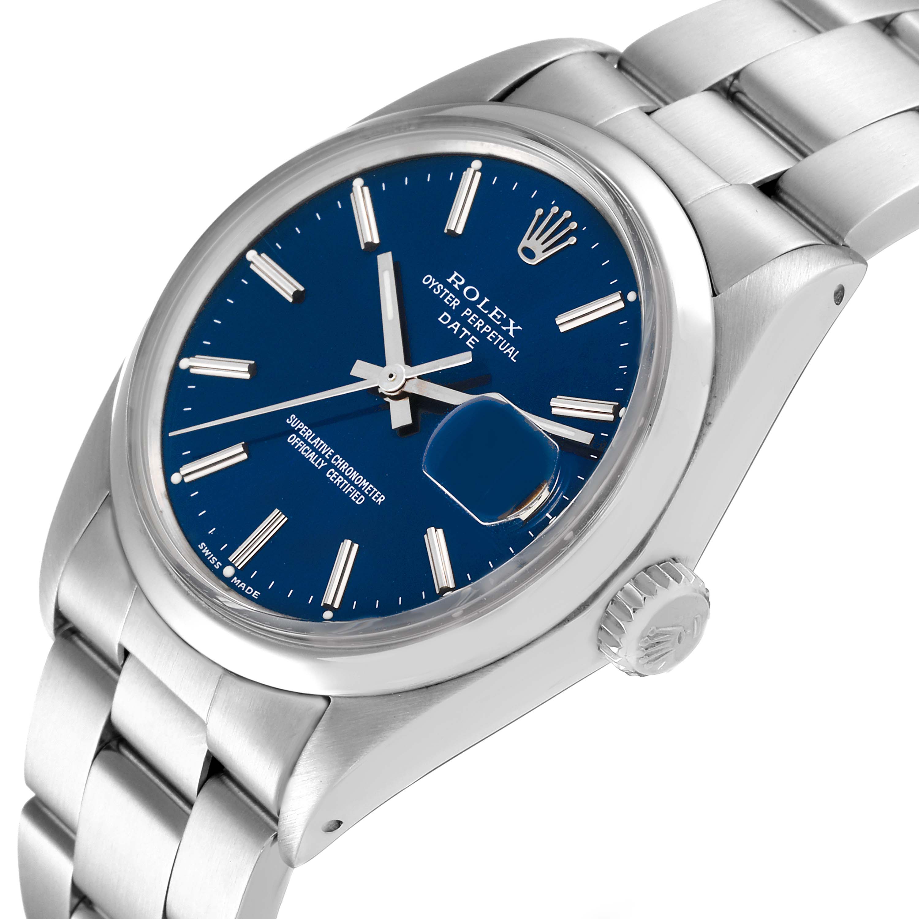 The image shows a side view of the Rolex Vintage Collection 1500 Men's Stainless Steel Blue Dial 1500 Men's Stainless Steel Blue Dial watch, highlighting its blue dial, markers, date window, and stainless steel bracelet.