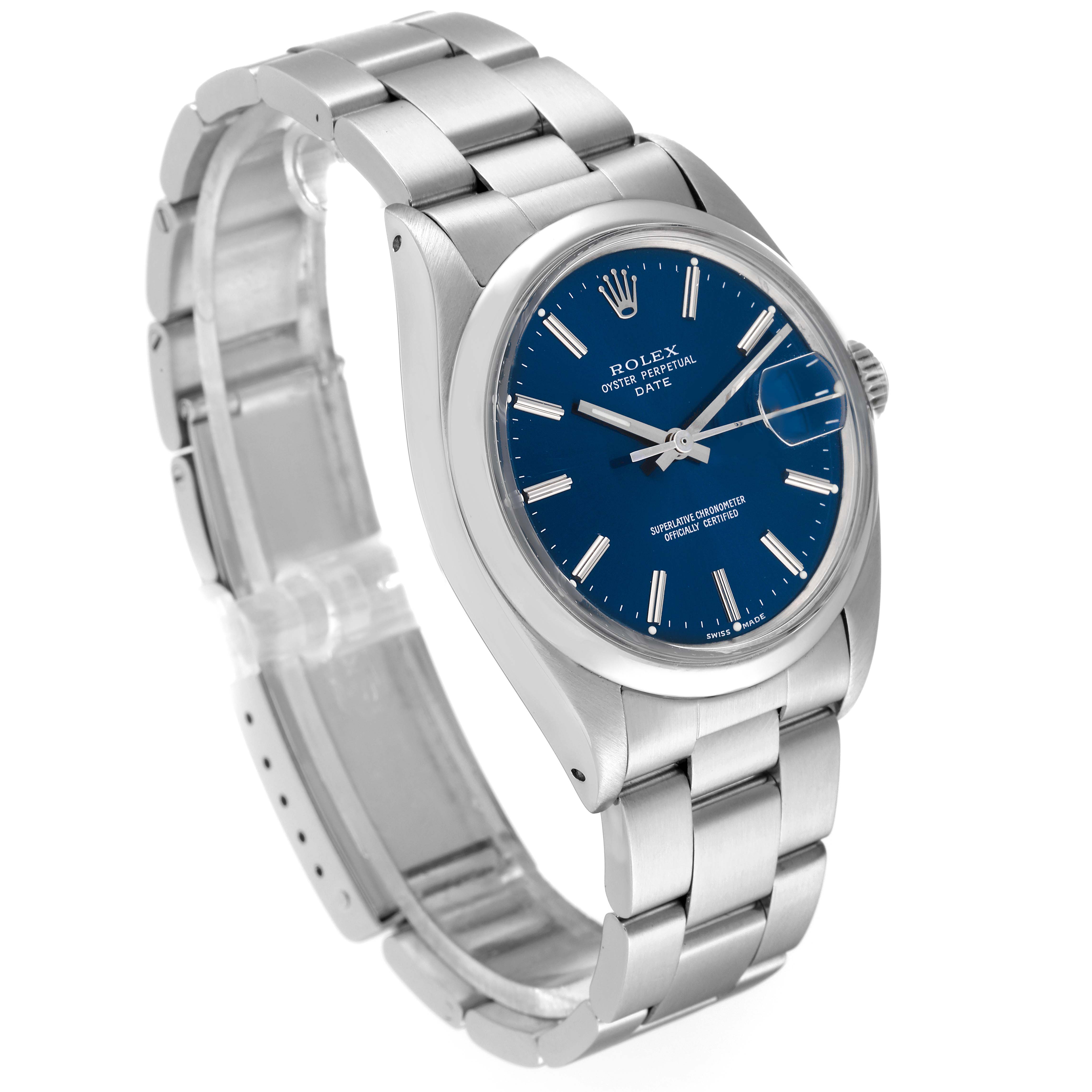 The Rolex Vintage Collection 1500 Men's Stainless Steel Blue Dial 1500 Men's Stainless Steel Blue Dial watch is shown at a slight angle, displaying its blue face, metal bracelet, and time/date features.