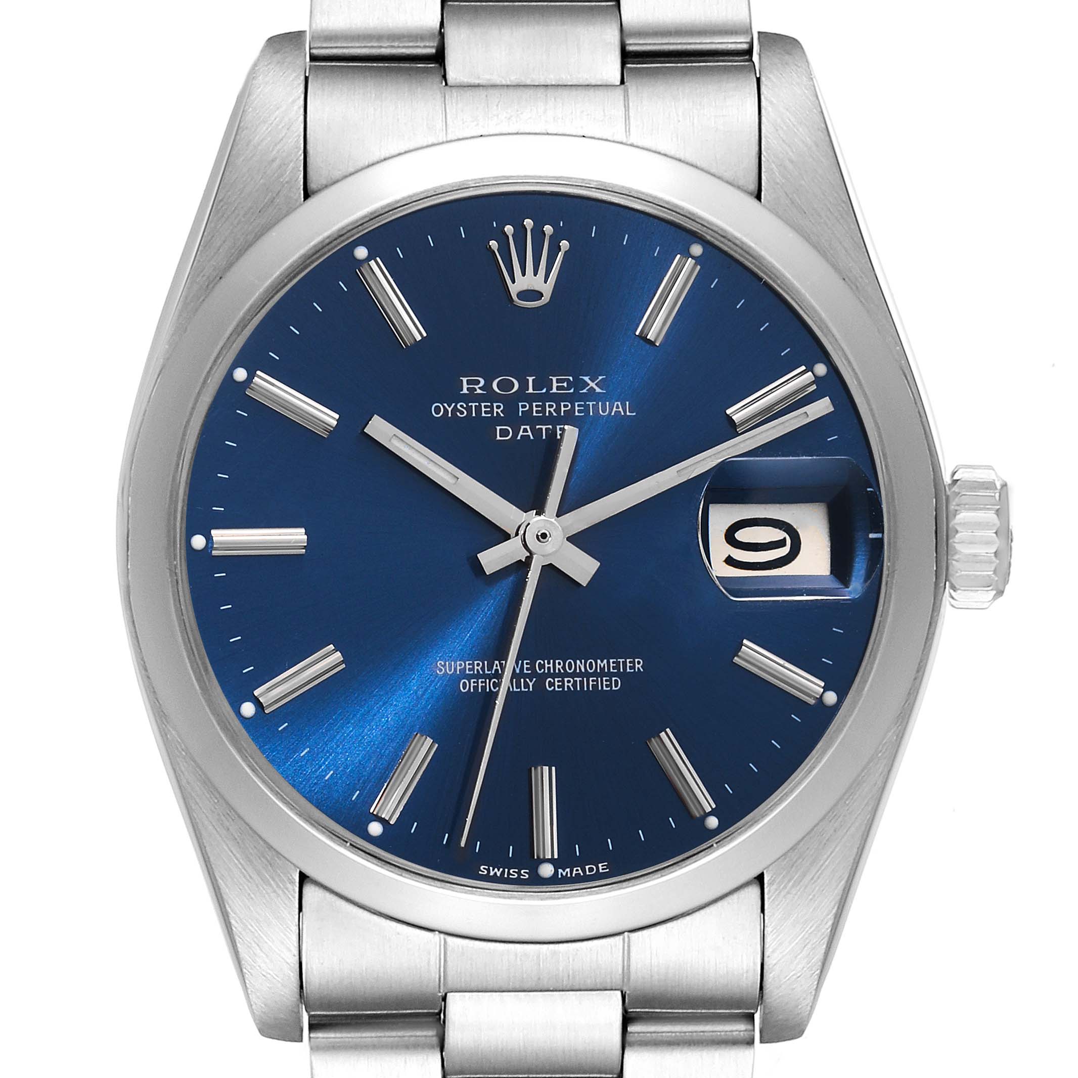 The image shows a frontal view of the Rolex Vintage Collection 1500 Men's Stainless Steel Blue Dial 1500 Men's Stainless Steel Blue Dial's Oyster Perpetual Date watch, showcasing its dial, hands, date window, and bracelet.