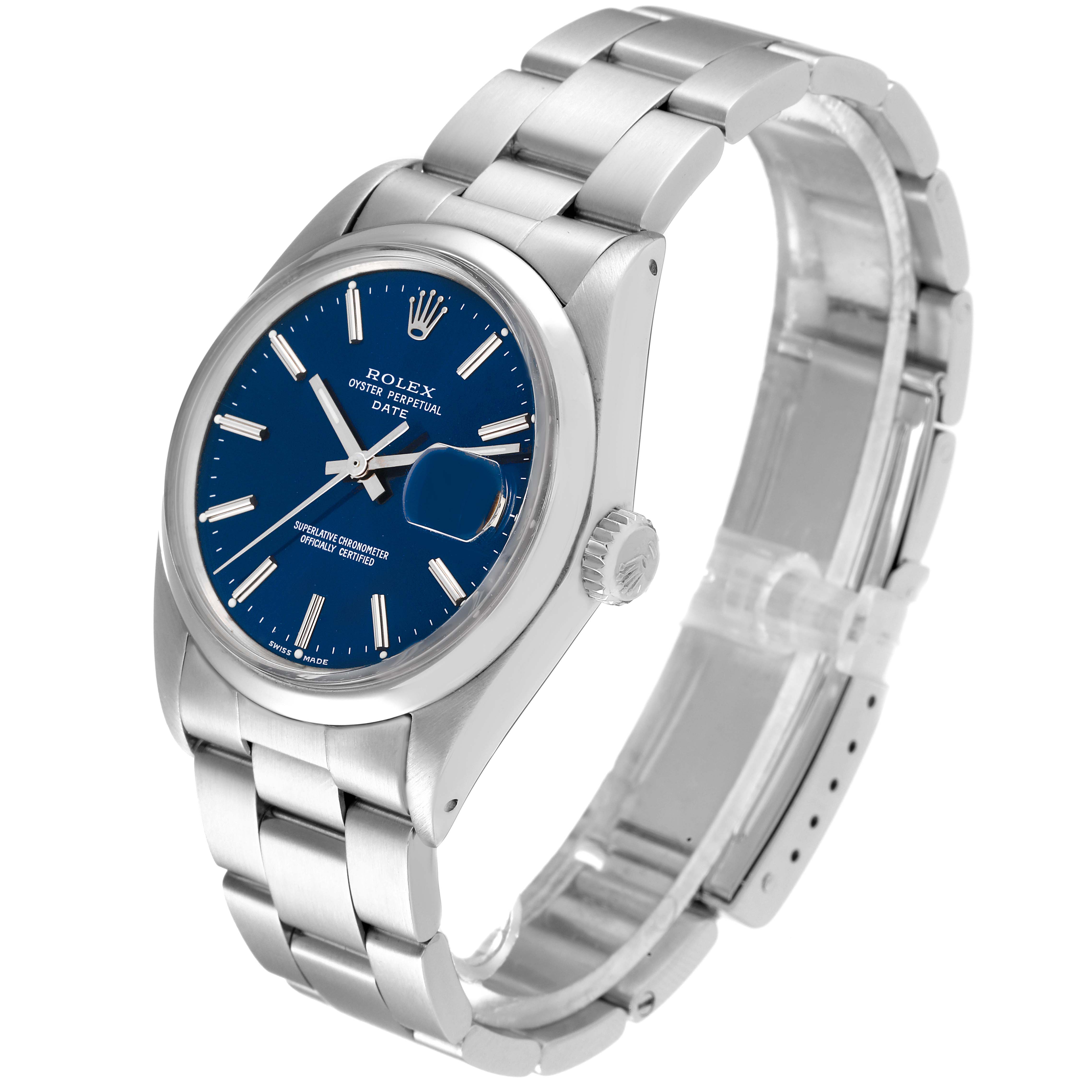 The Rolex Vintage Collection 1500 Men's Stainless Steel Blue Dial 1500 Men's Stainless Steel Blue Dial watch is shown at a slight angle, displaying the watch face, bezel, crown, and bracelet.