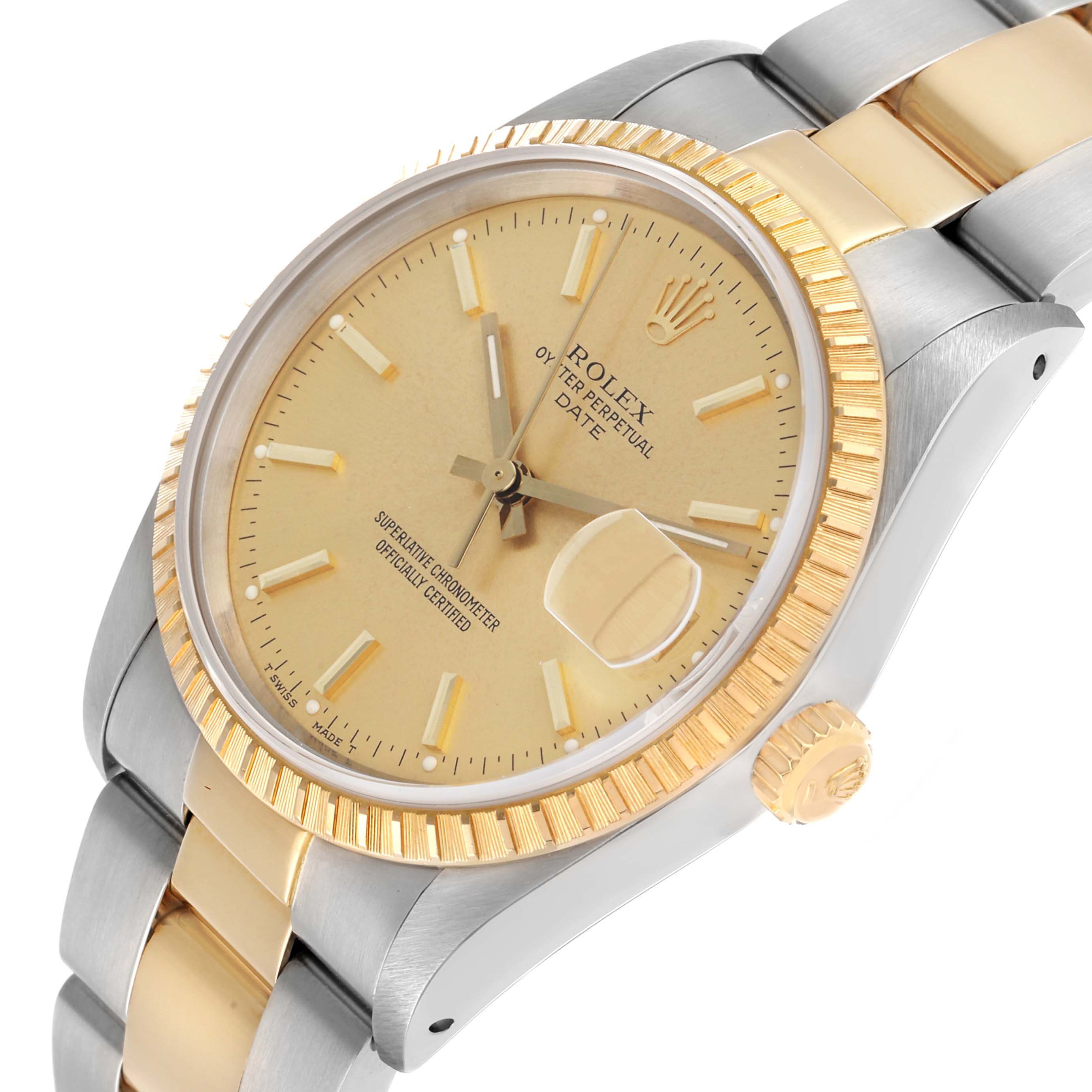 The Rolex Date 15223 Men's Steel and Gold (two tone) Champagne Dial watch is shown at a slight angle, highlighting the dial, bezel, crown, and part of the bracelet.