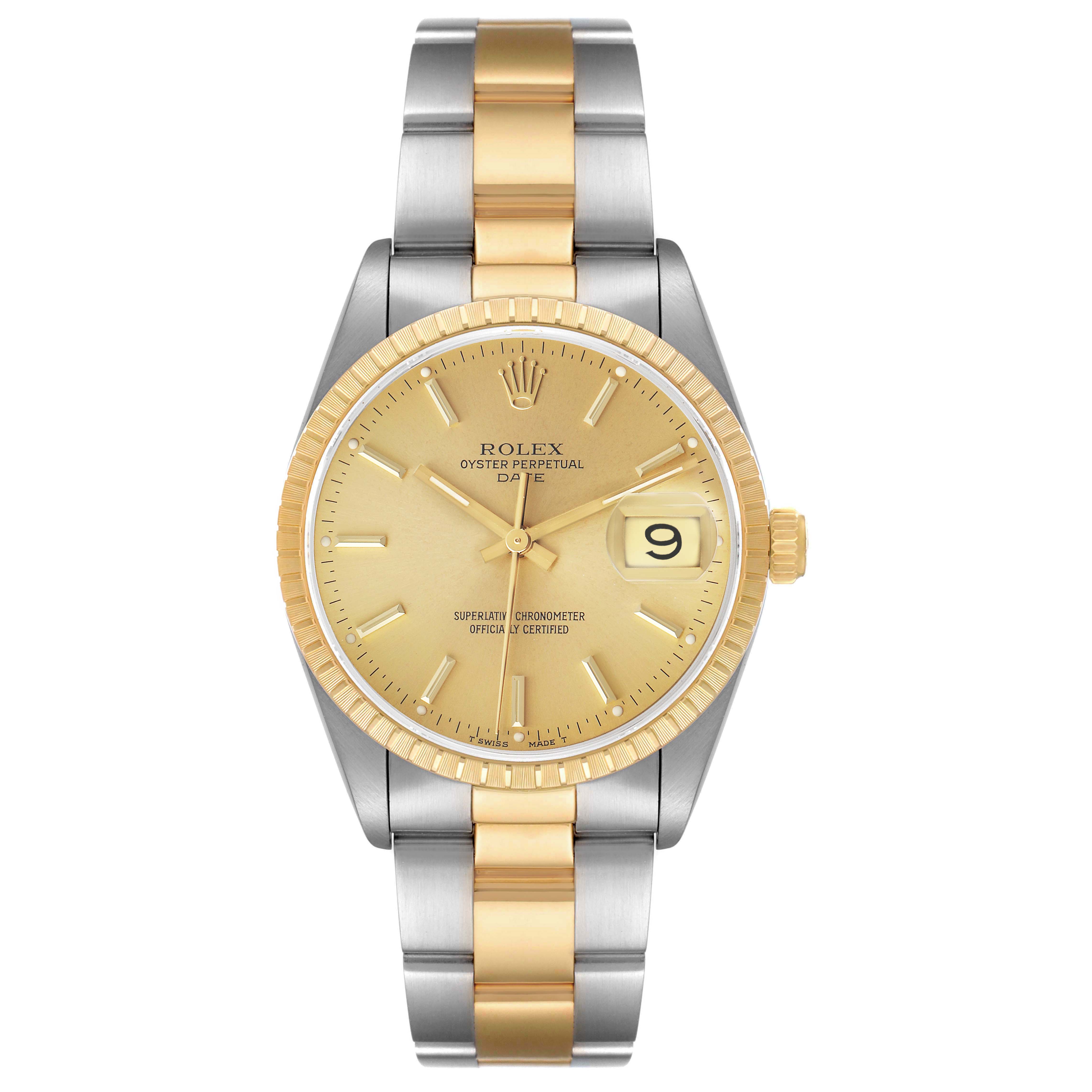 The Rolex Date 15223 Men's Steel and Gold (two tone) Champagne Dial watch is shown from a front angle, highlighting its gold dial, bezel, and two-tone bracelet.