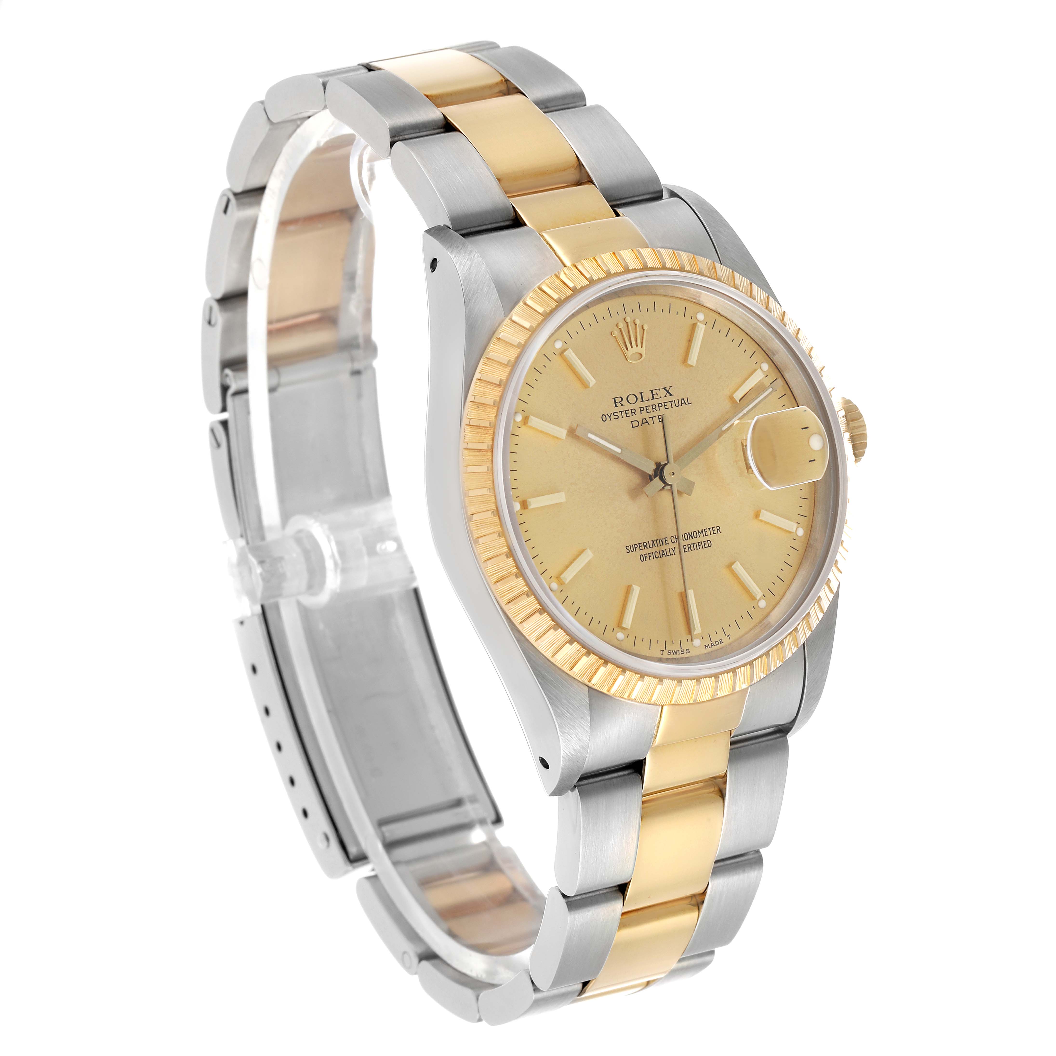 The Rolex Date 15223 Men's Steel and Gold (two tone) Champagne Dial watch is shown at a slightly angled side view, highlighting the bezel, dial, and two-tone bracelet.