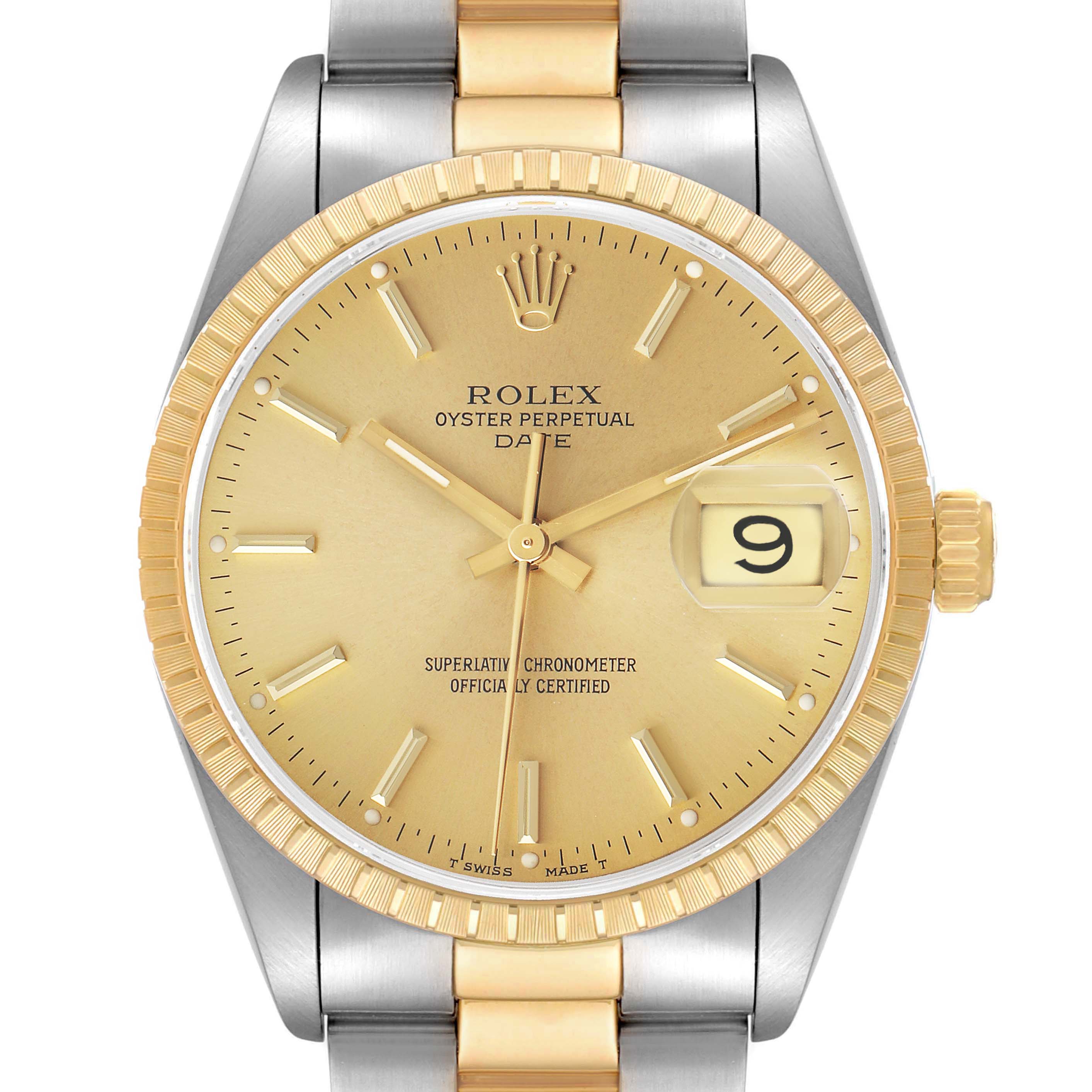 The Rolex Date 15223 Men's Steel and Gold (two tone) Champagne Dial model watch is shown from a front angle, featuring the dial, bezel, crown, and part of the bracelet.