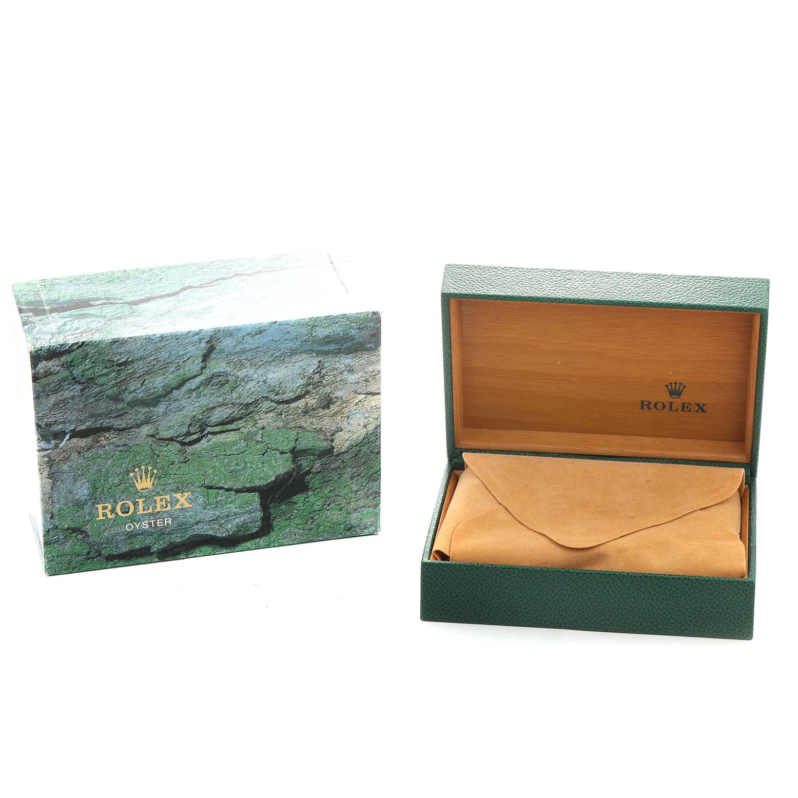 The image shows a Rolex Date 15223 Men's Steel and Gold (two tone) Champagne Dial model box and an open display case with a leather cover.