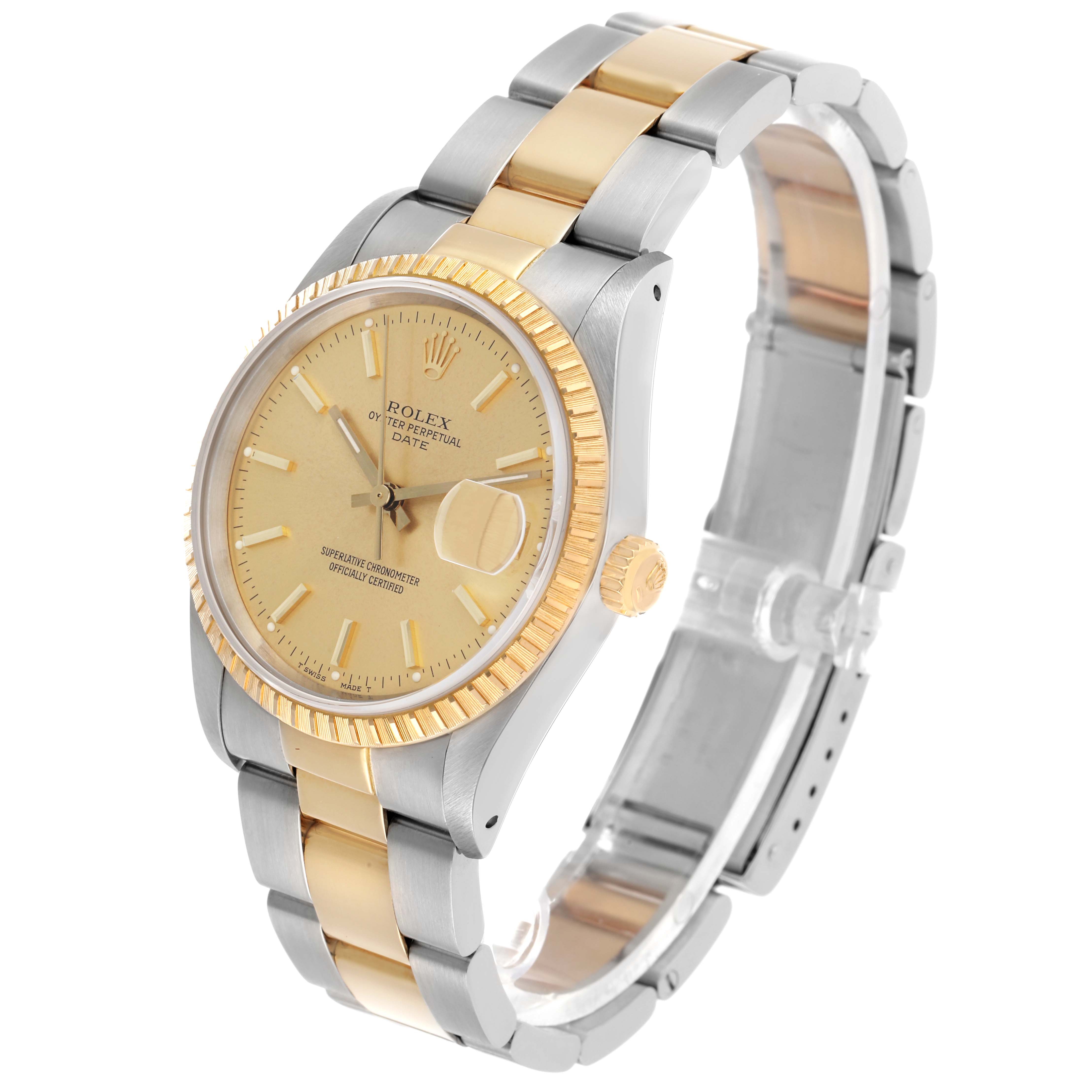 The Rolex Date 15223 Men's Steel and Gold (two tone) Champagne Dial model watch is shown at a three-quarter angle, displaying its face, bezel, and part of the bracelet.