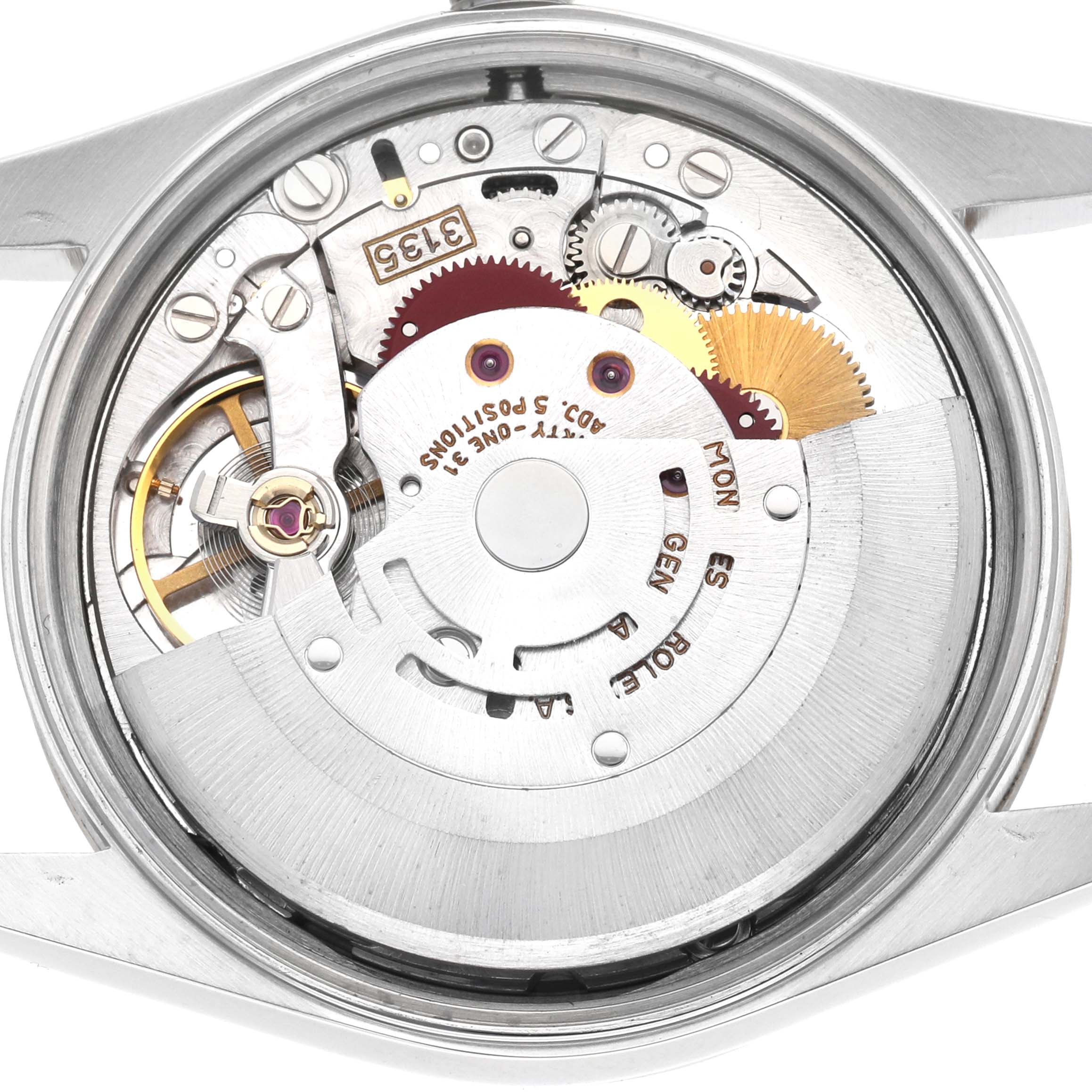 This image shows the movement of a Rolex Date 15223 Men's Steel and Gold (two tone) Champagne Dial model watch from the back, highlighting its gears and rotor.