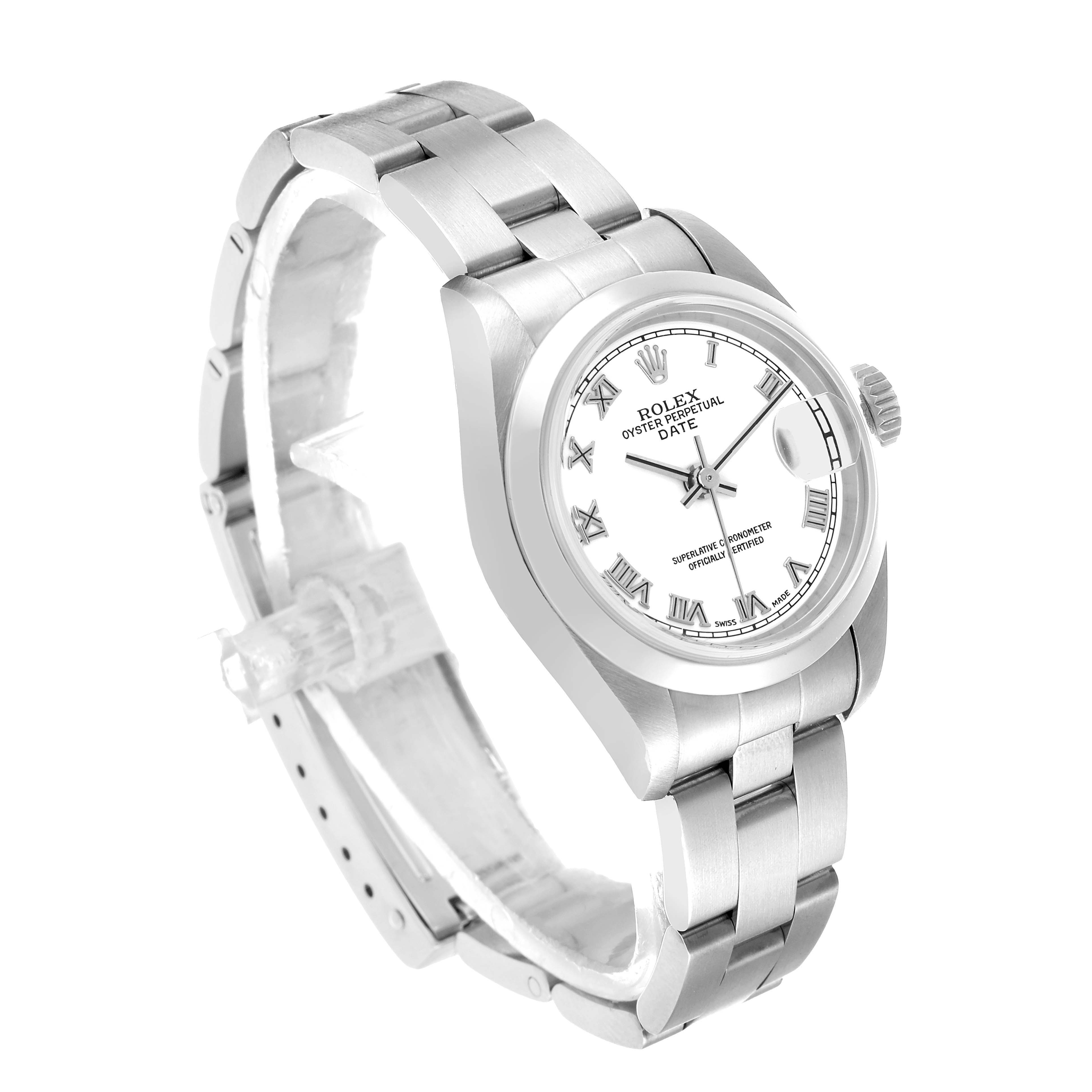 The Rolex Date 79160 Women's Stainless Steel White Dial model is shown at a three-quarter angle, highlighting the face, bezel, and bracelet.