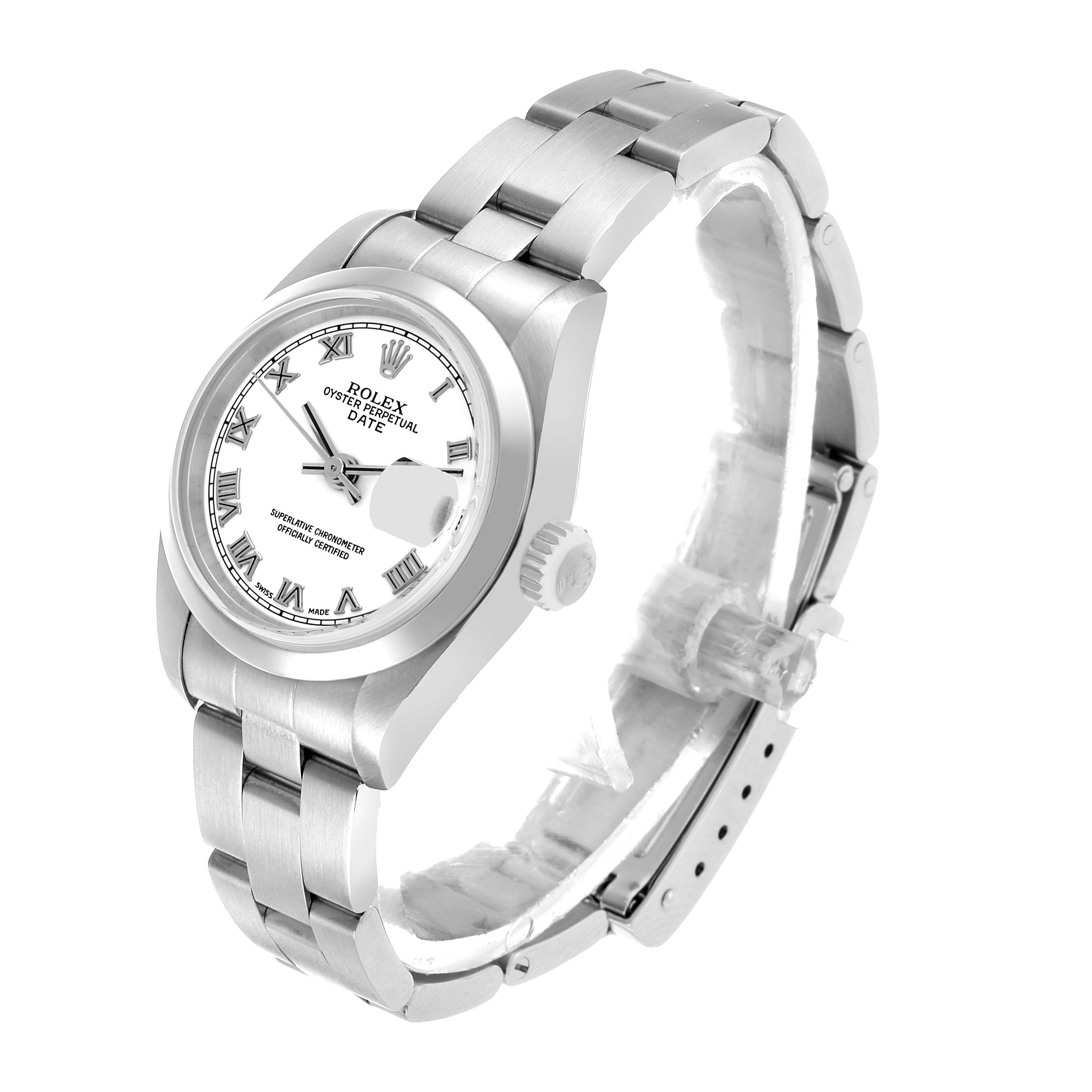 The Rolex Date 79160 Women's Stainless Steel White Dial watch is shown at a three-quarter angle, displaying the face, bezel, crown, and bracelet.