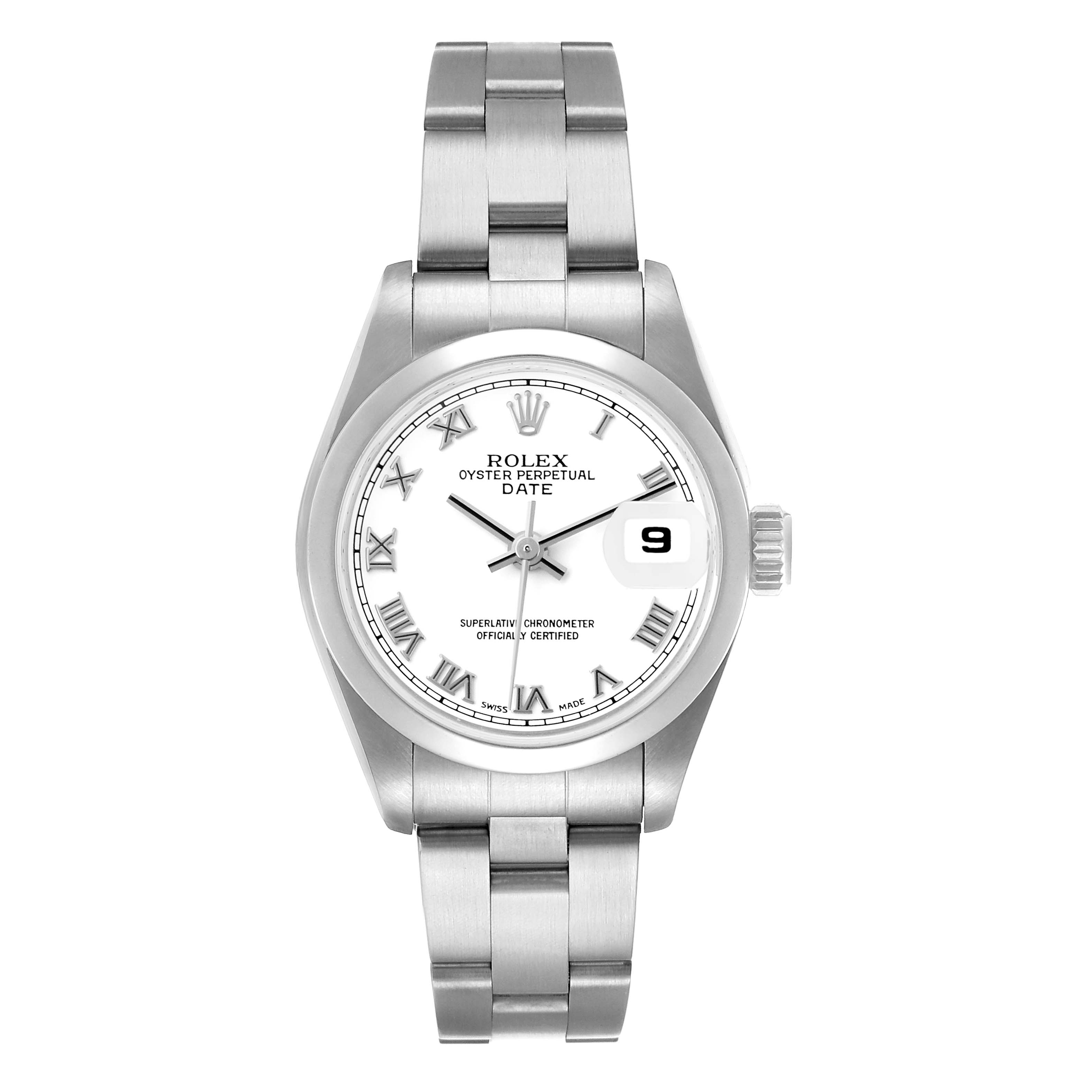 The Rolex Date 79160 Women's Stainless Steel White Dial watch is shown from a top-down angle, featuring the dial, bracelet, and date magnifier prominently.