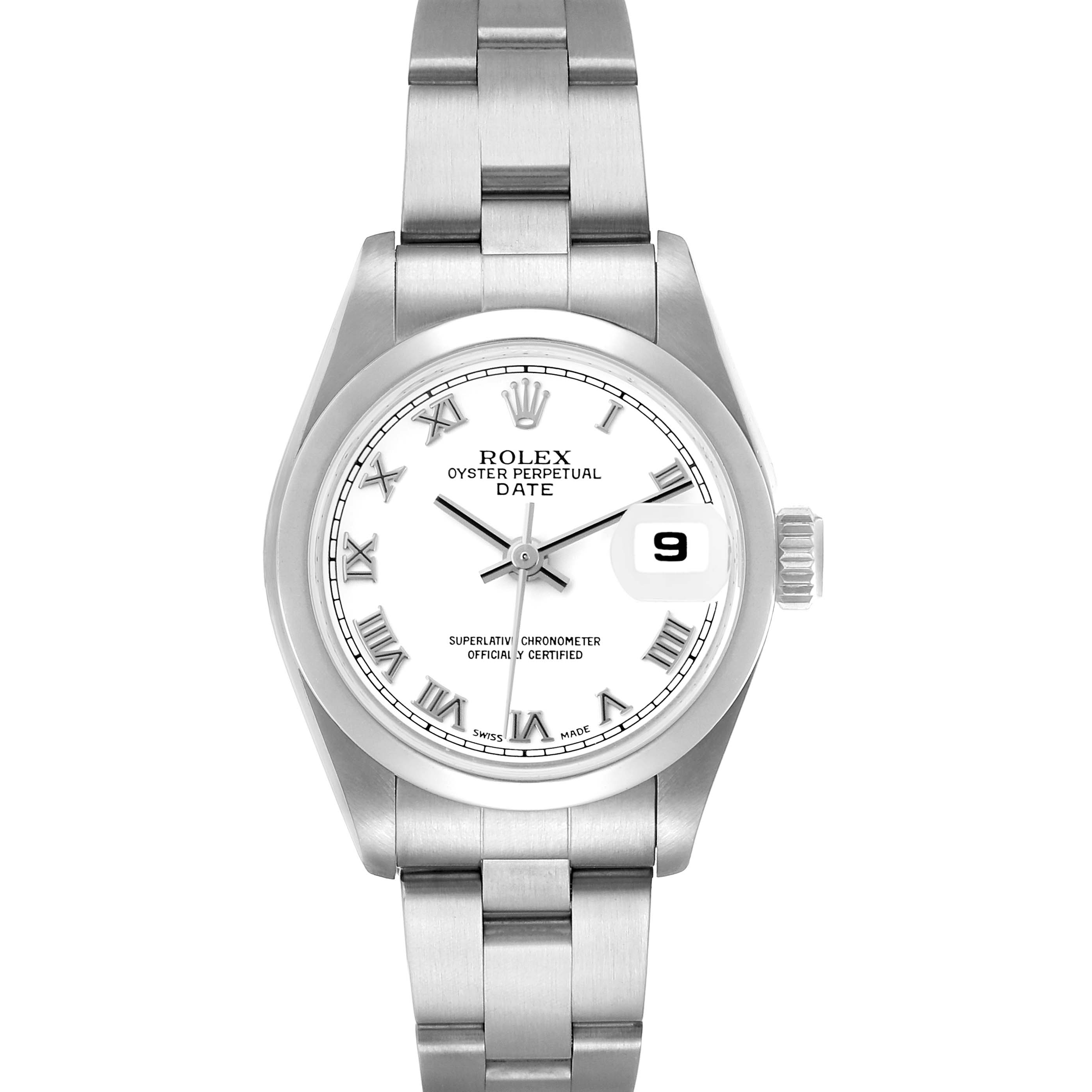 The Rolex Date 79160 Women's Stainless Steel White Dial model watch is shown from the front, highlighting the dial, bracelet, and date window.