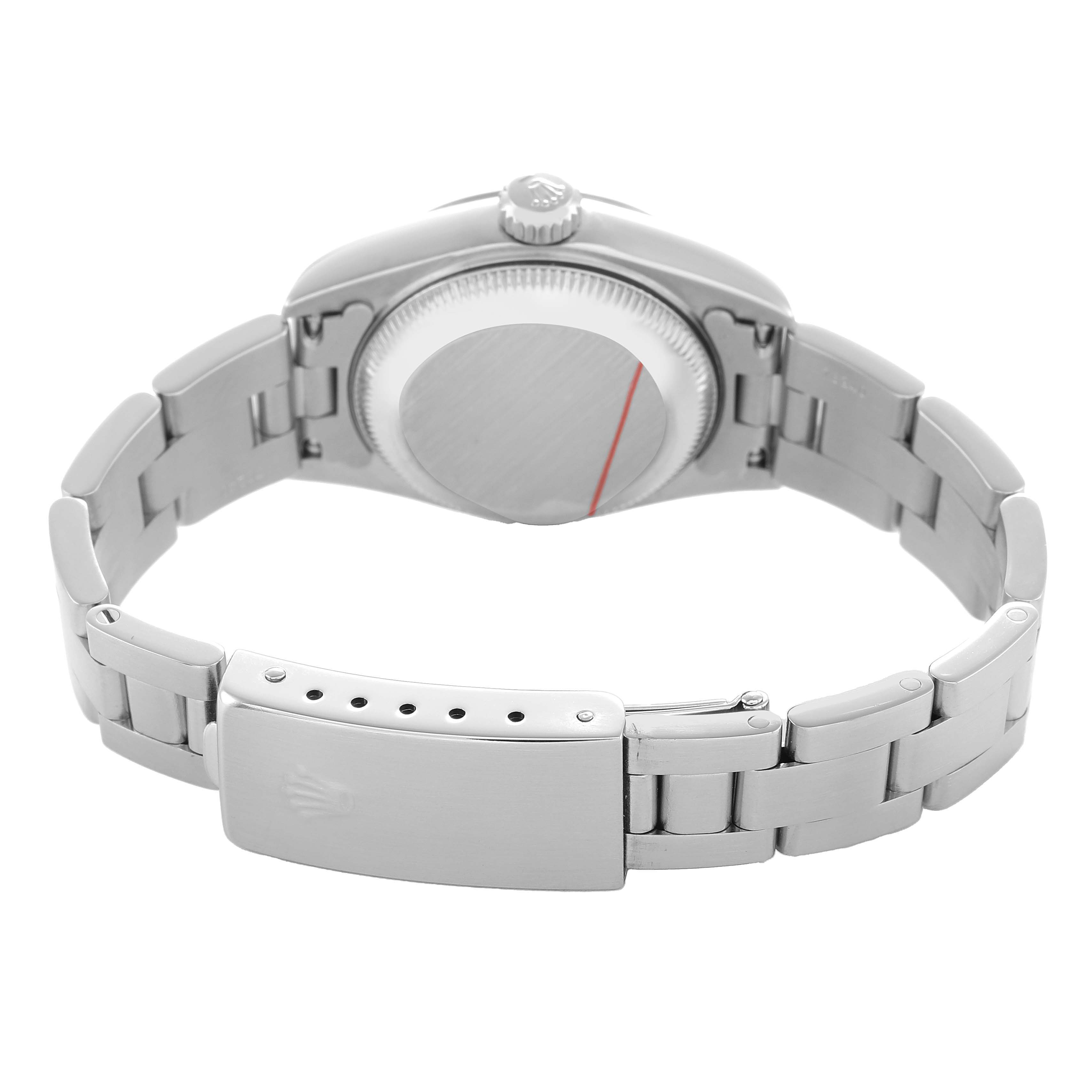 The image shows the back and clasp of a Rolex Date 79160 Women's Stainless Steel White Dial model watch, highlighting its bracelet and case back.