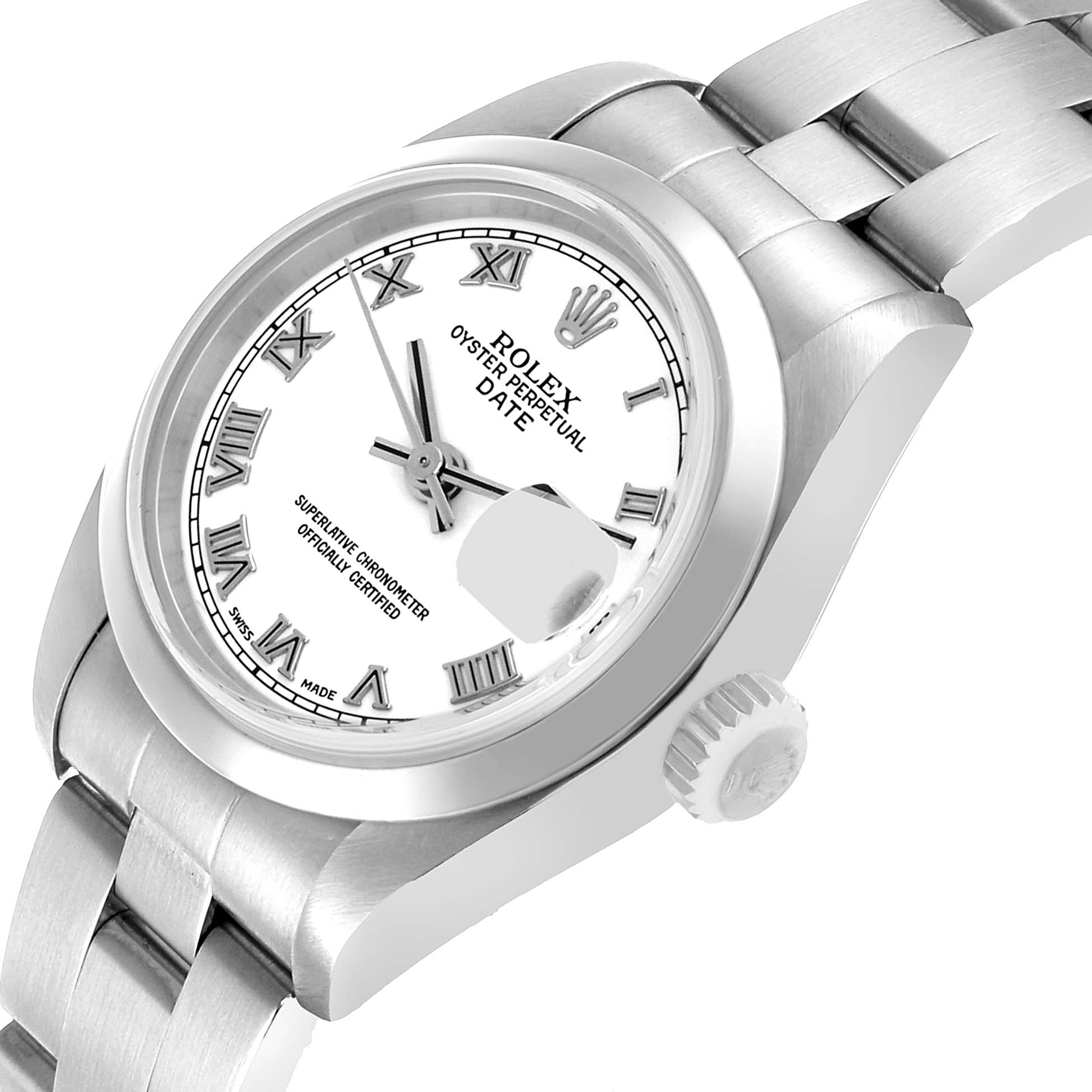The Rolex Date 79160 Women's Stainless Steel White Dial watch is shown at a tilted angle, highlighting its dial, bezel, crown, and part of the bracelet.