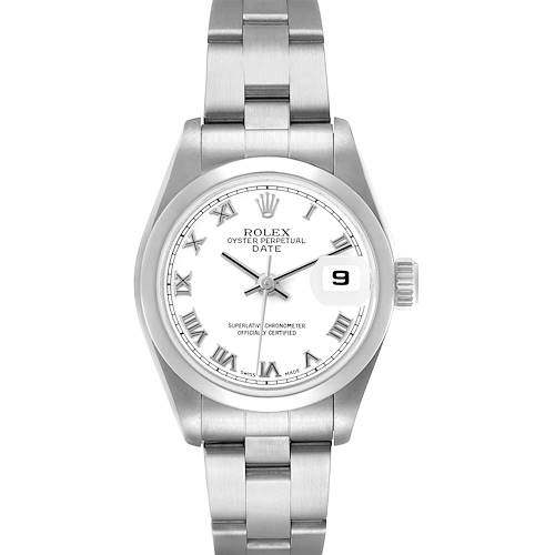 The Rolex Date 79160 Women's Stainless Steel White Dial model watch is shown from a top-down angle, displaying the dial, bezel, bracelet, and crown.