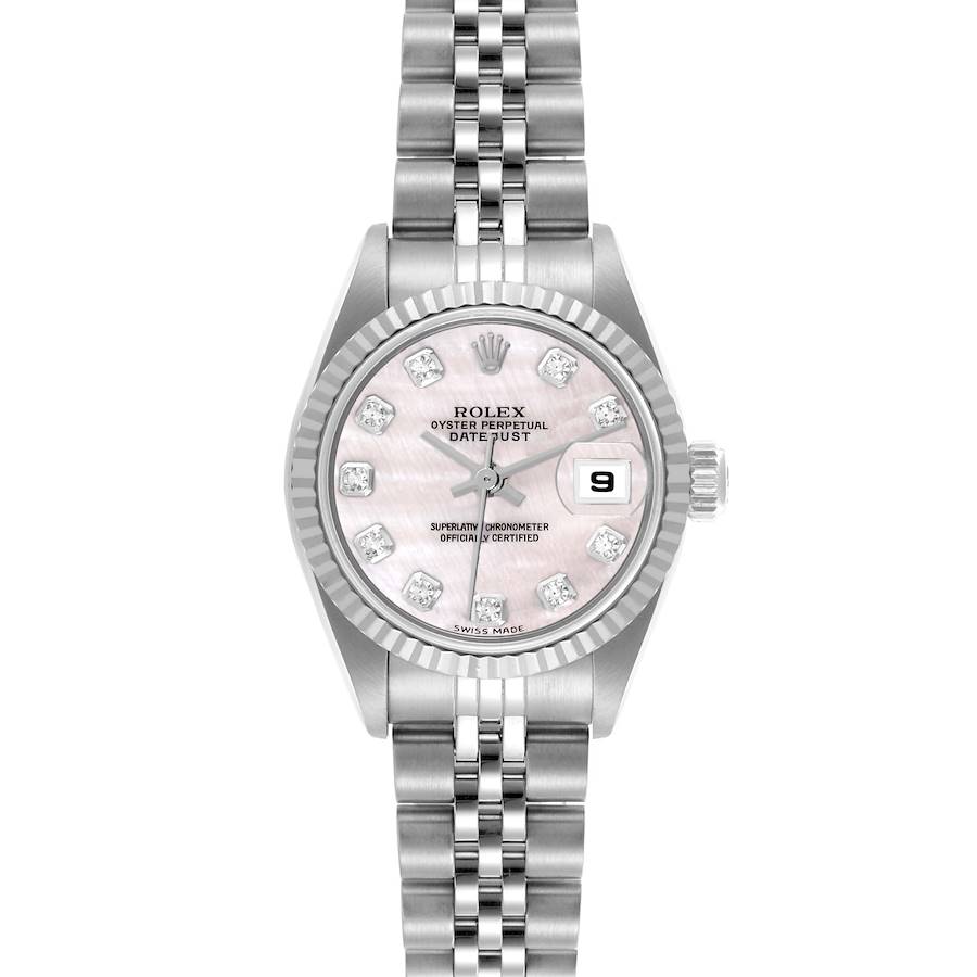 The Rolex Datejust watch is shown from the front, displaying its face, bezel, and bracelet in full view.