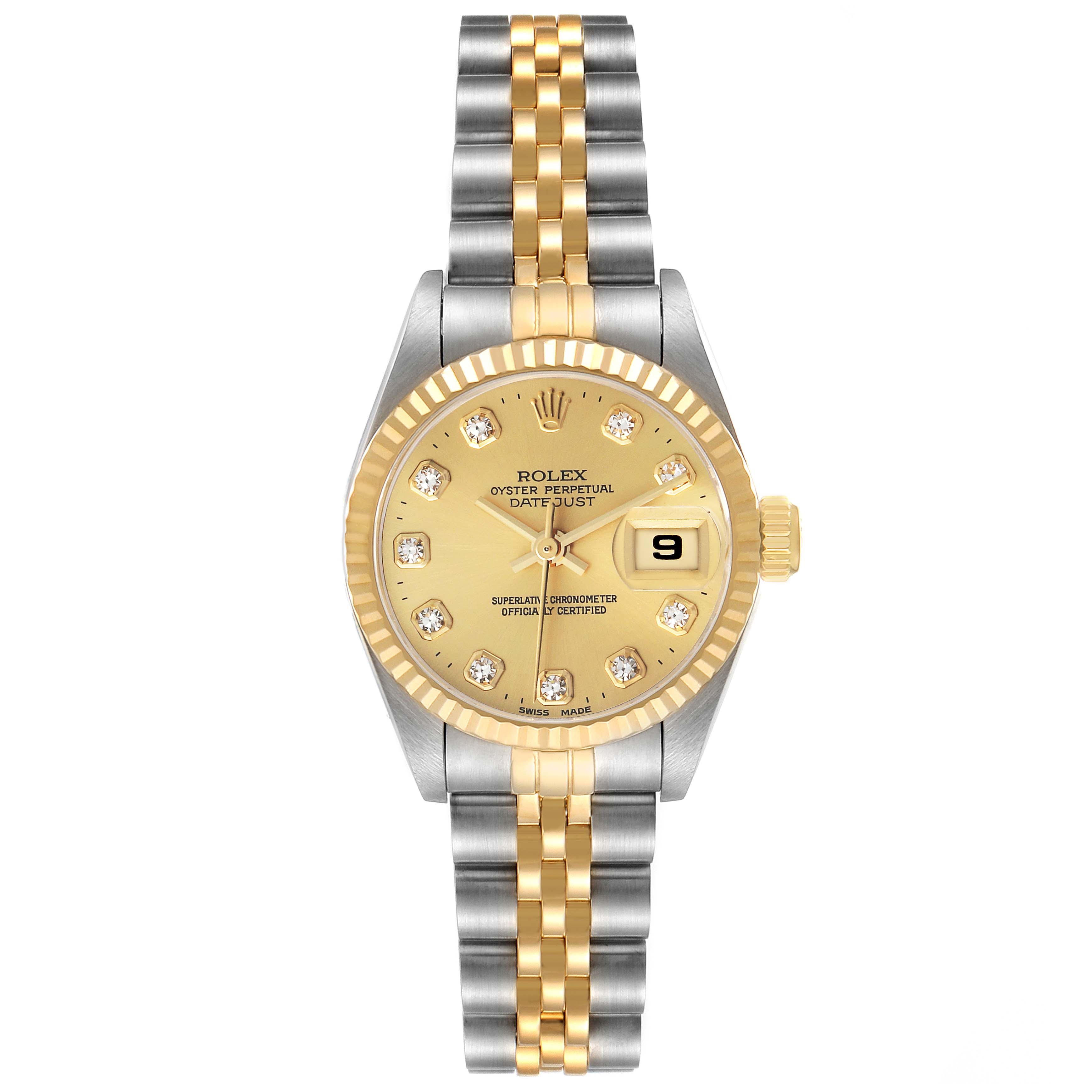 The Rolex Datejust 69173 Women's Steel and Gold (two tone) Champagne Dial watch is shown from a top-down angle, displaying the two-tone bracelet, fluted bezel, and diamond hour markers.