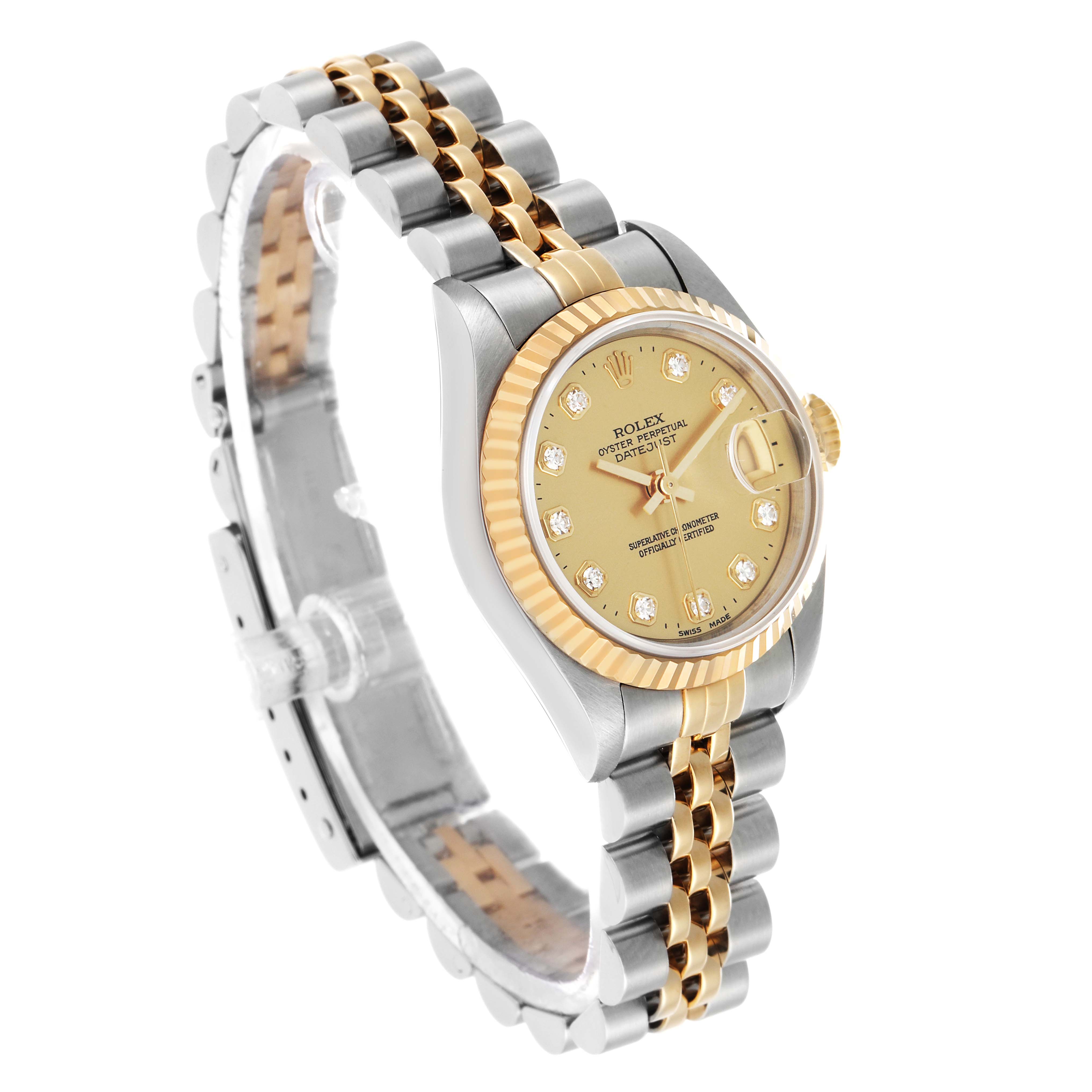 The Rolex Datejust 69173 Women's Steel and Gold (two tone) Champagne Dial watch is shown at a slight angle, displaying the dial, fluted bezel, and Jubilee bracelet.