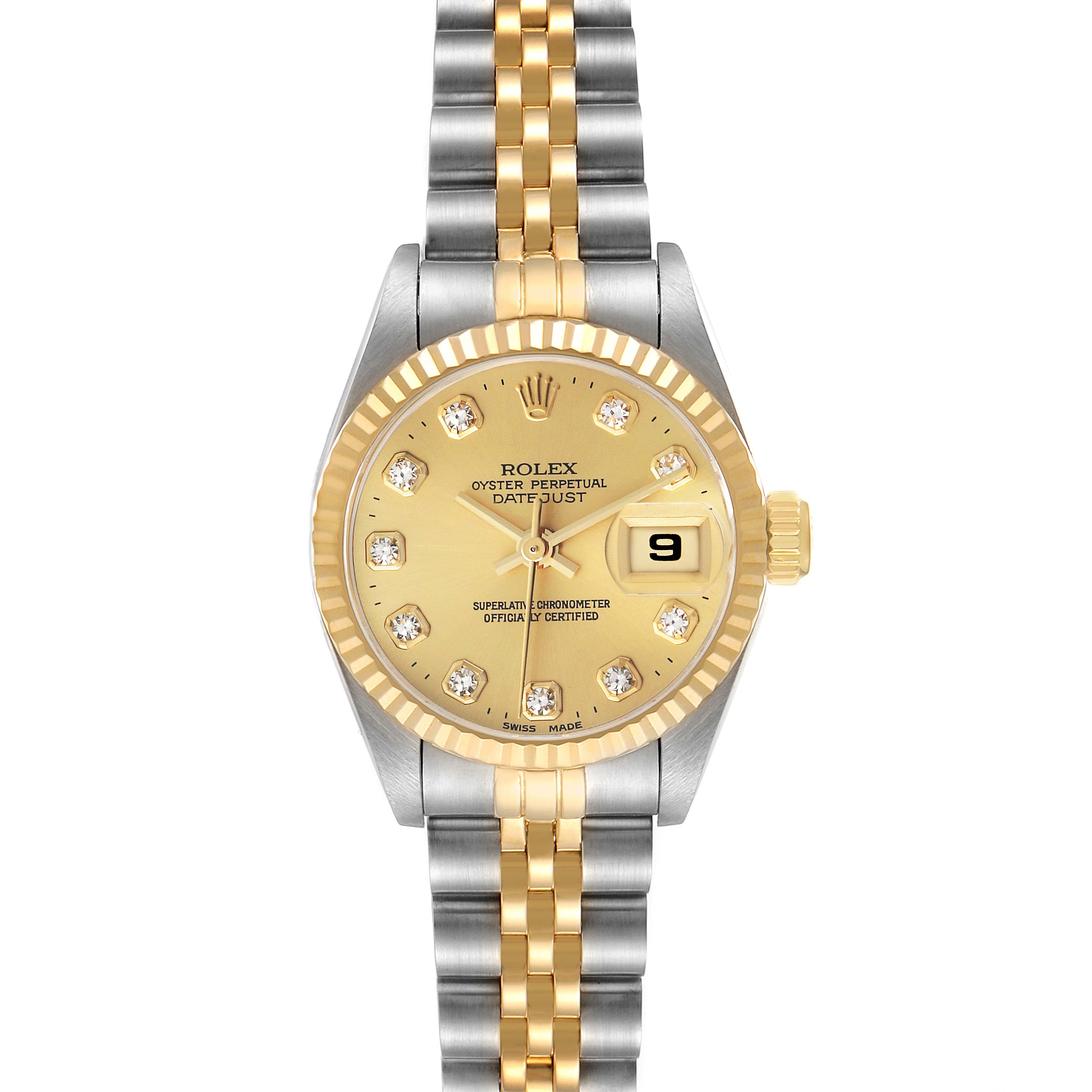 This Rolex Datejust 69173 Women's Steel and Gold (two tone) Champagne Dial watch image shows a frontal view, highlighting the gold bezel, champagne dial, and two-tone bracelet.