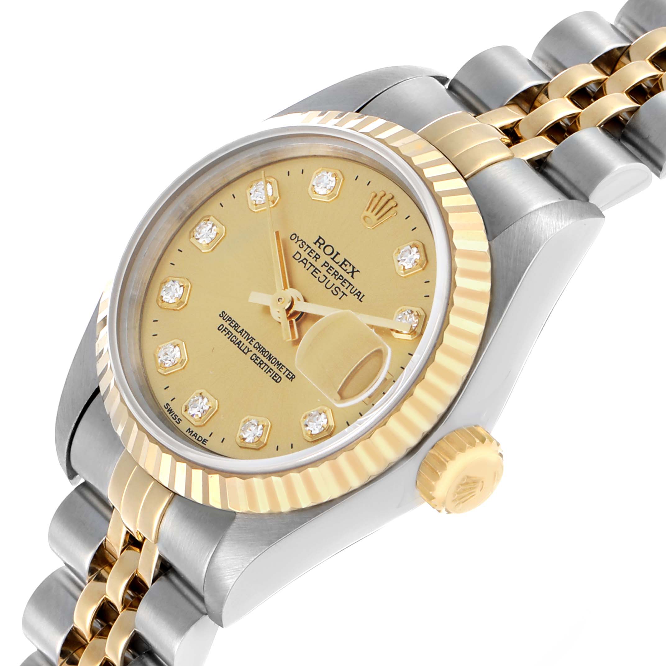 This Rolex Datejust 69173 Women's Steel and Gold (two tone) Champagne Dial watch is shown at a slight angle, highlighting the dial, bezel, crown, and part of the bracelet.