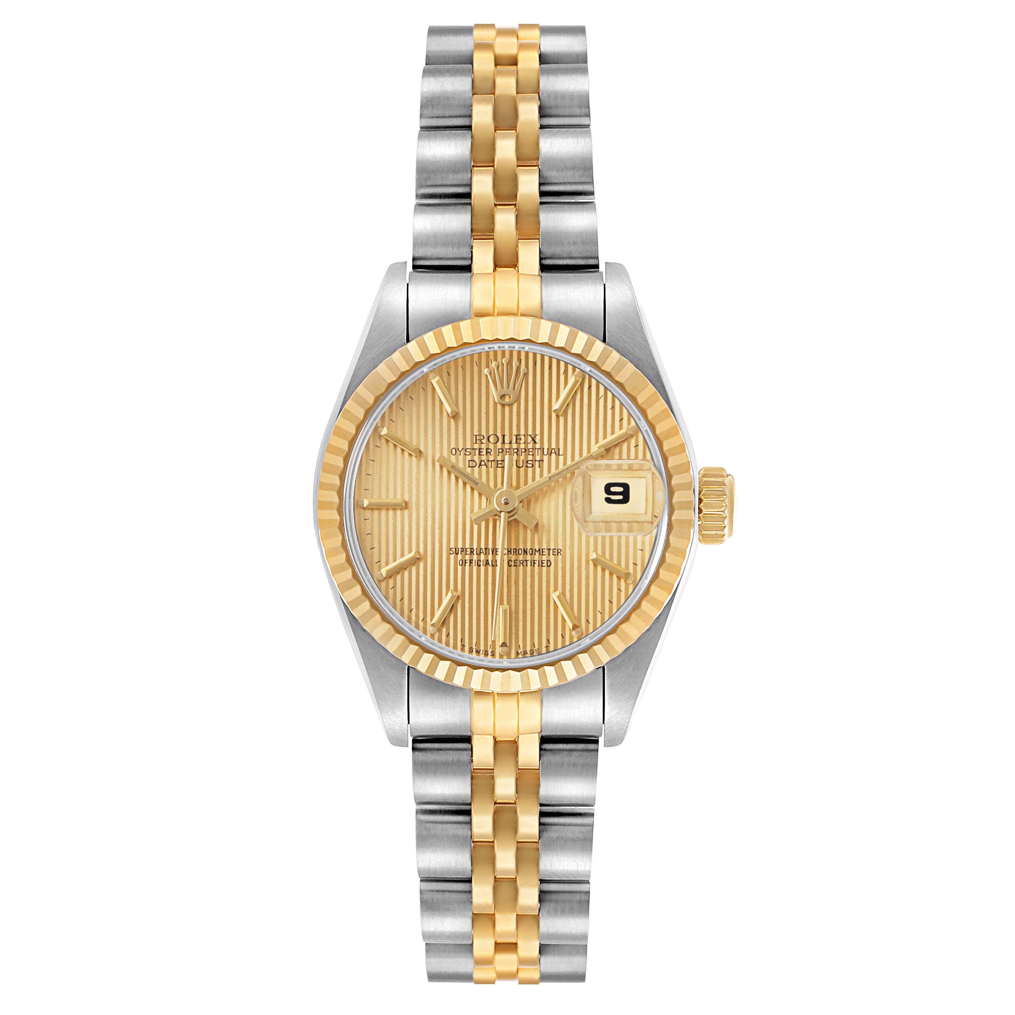 The Rolex Datejust 69173 Women's Steel and Gold (two tone) Champagne Dial watch is shown from a top view, highlighting the dial, bezel, and two-tone bracelet.