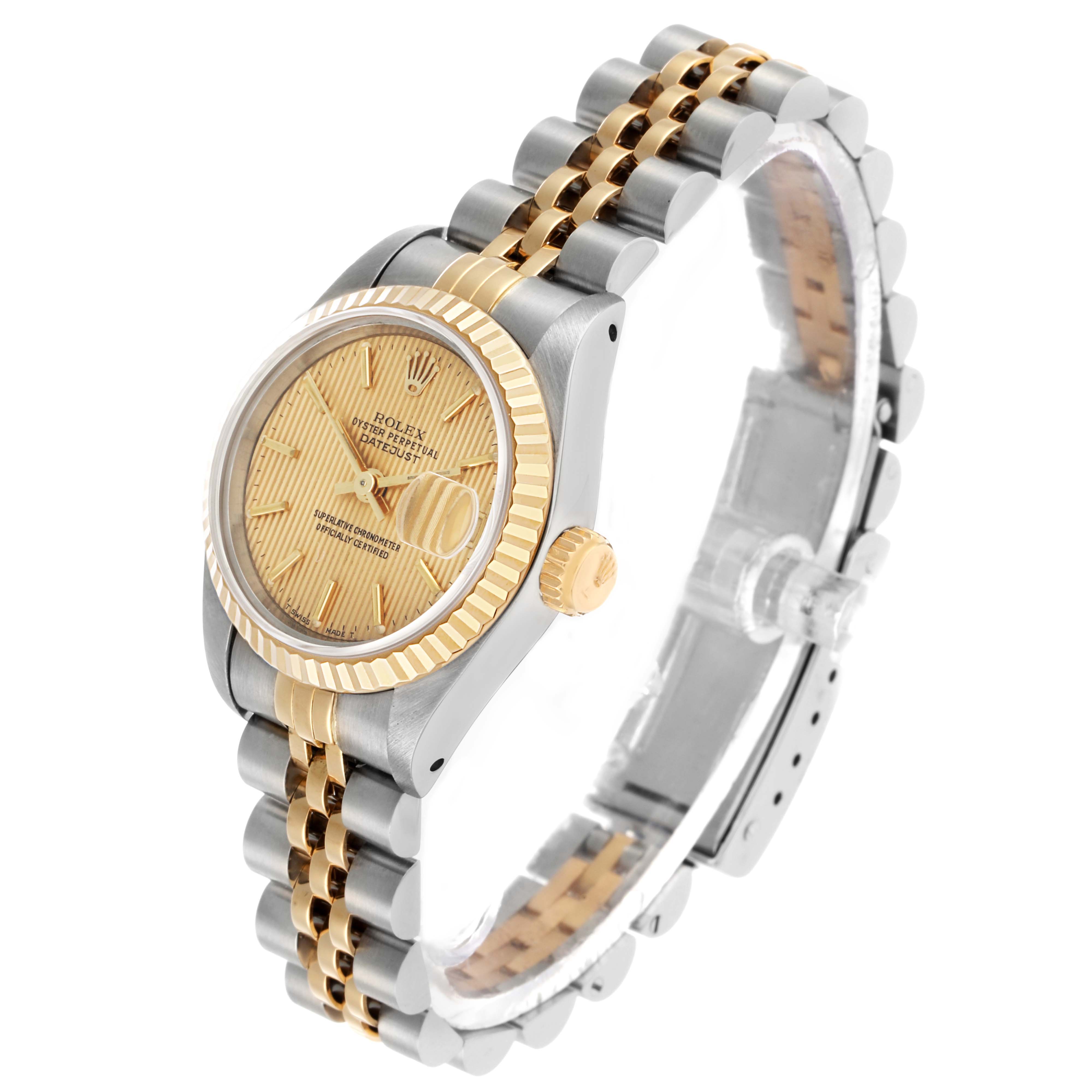 The Rolex Datejust 69173 Women's Steel and Gold (two tone) Champagne Dial watch is shown at a slight angle, highlighting the dial, fluted bezel, and Jubilee bracelet.