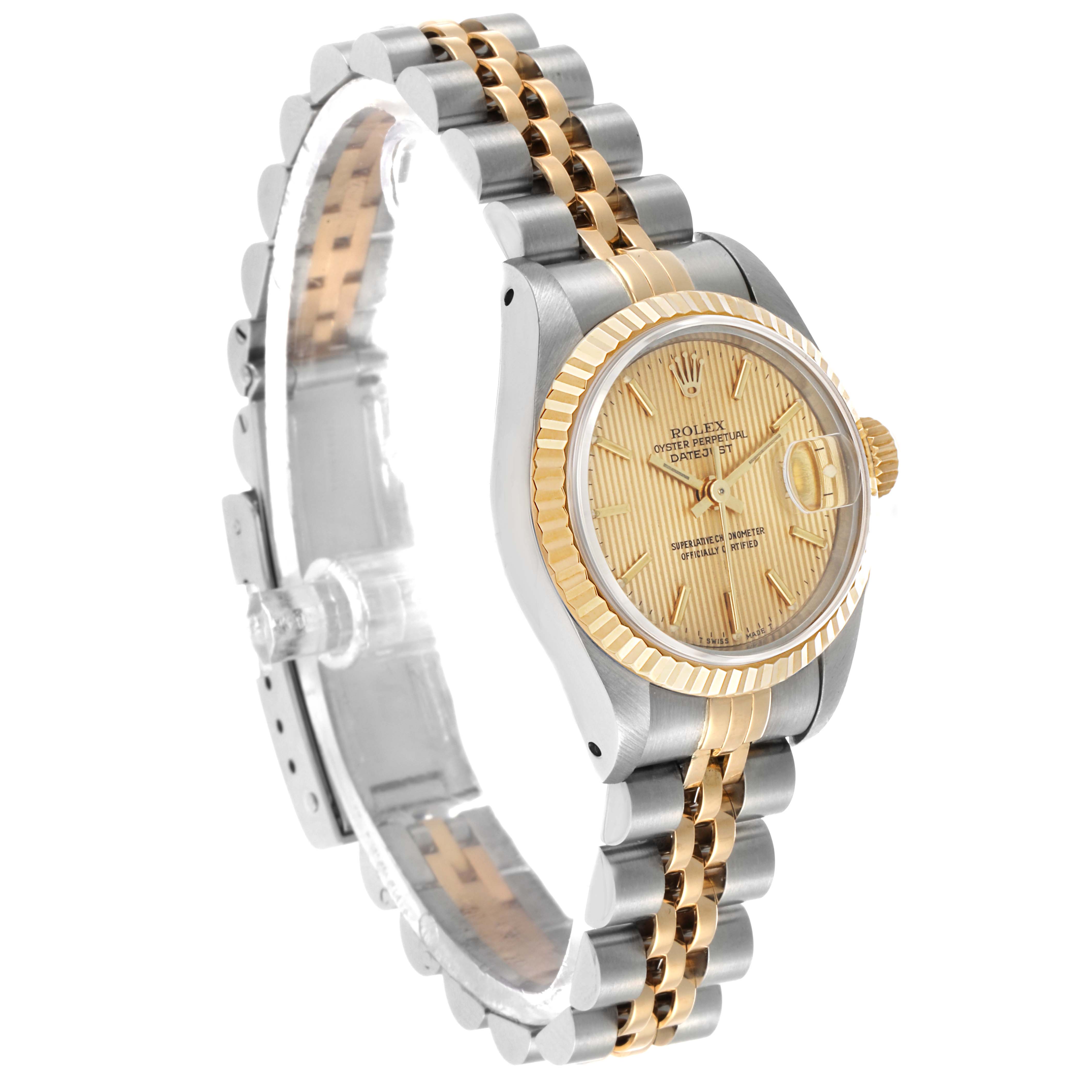 The Rolex Datejust 69173 Women's Steel and Gold (two tone) Champagne Dial model is shown at a slight angle highlighting the watch face, fluted bezel, and two-tone bracelet.