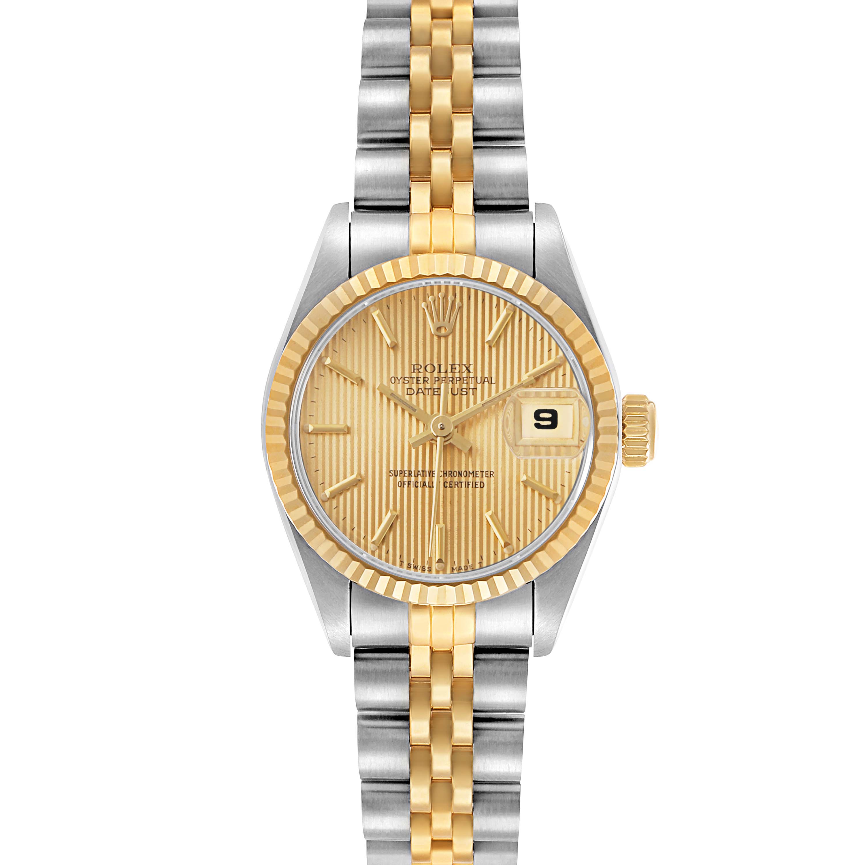The Rolex Datejust 69173 Women's Steel and Gold (two tone) Champagne Dial watch is shown from a top-down angle, displaying its gold and silver bracelet, fluted bezel, and date feature.