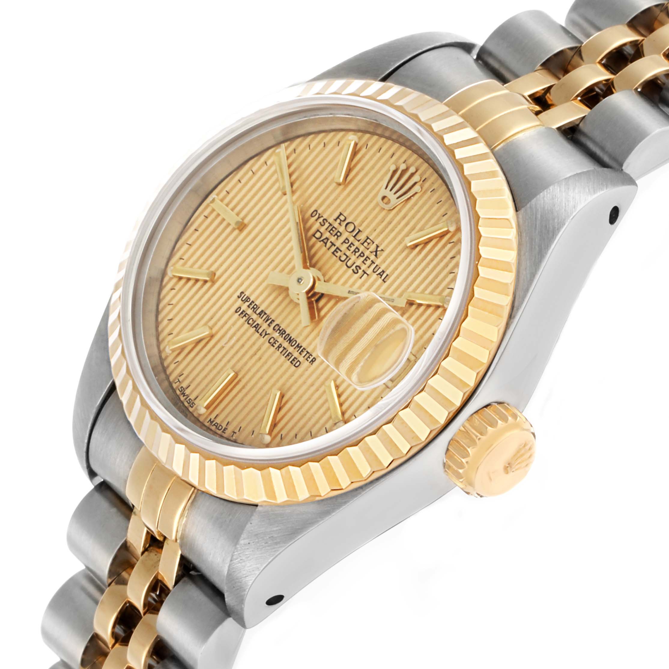 The Rolex Datejust 69173 Women's Steel and Gold (two tone) Champagne Dial watch is shown at an angle displaying the face, fluted bezel, crown, and part of the bracelet.