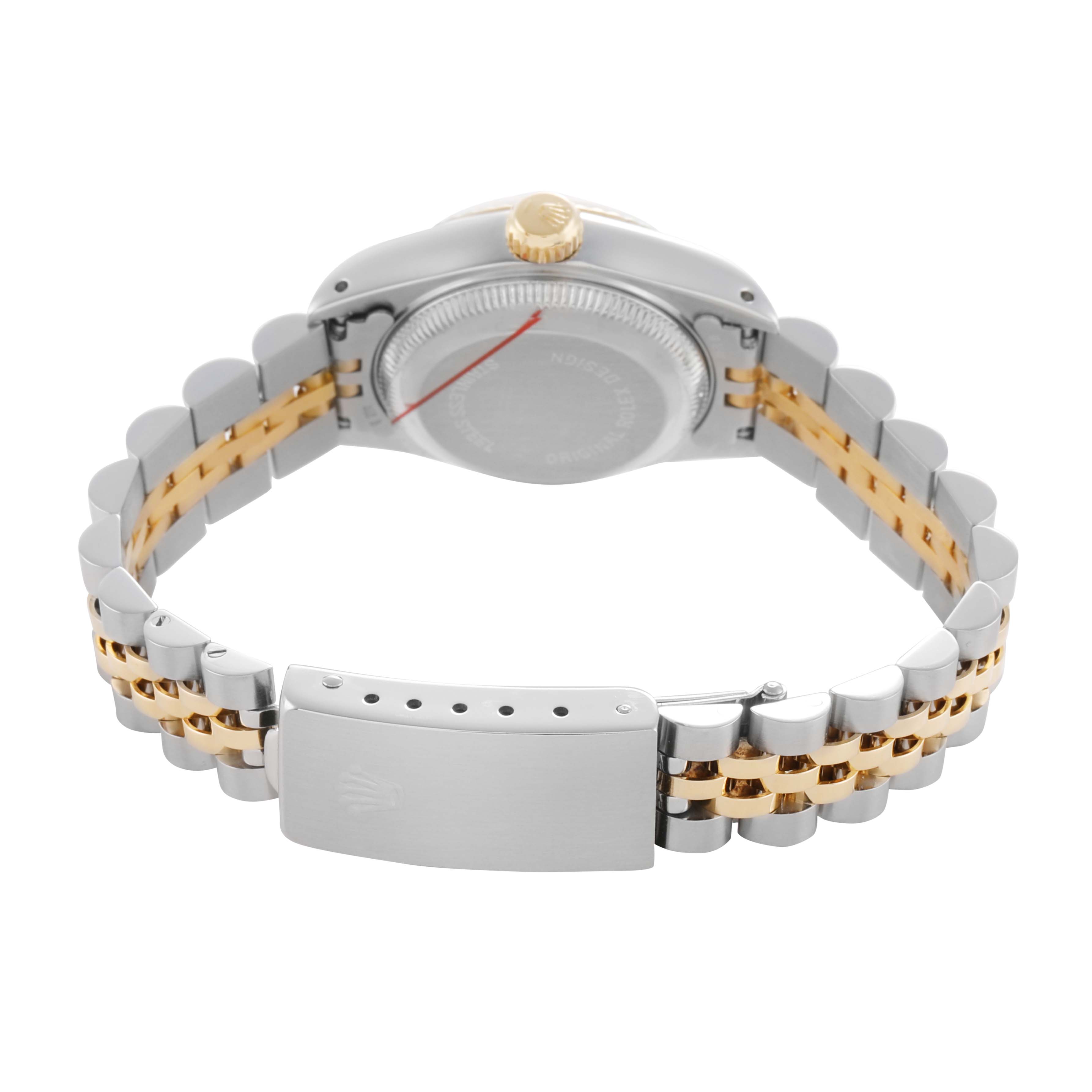 The image shows the back of a Rolex Datejust 69173 Women's Steel and Gold (two tone) Champagne Dial watch, highlighting the bracelet, clasp, and case back.