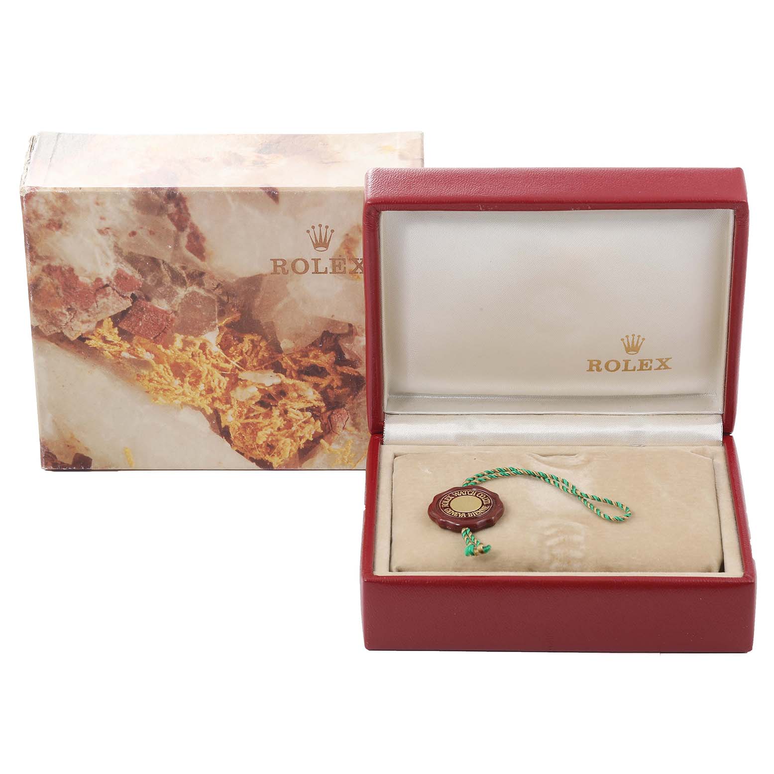 The image shows a Rolex Datejust 69173 Women's Steel and Gold (two tone) White Dial 69173 Women's Steel and Gold (two tone) White Dial model's watch box, an outer box, and a Rolex tag inside the open box.