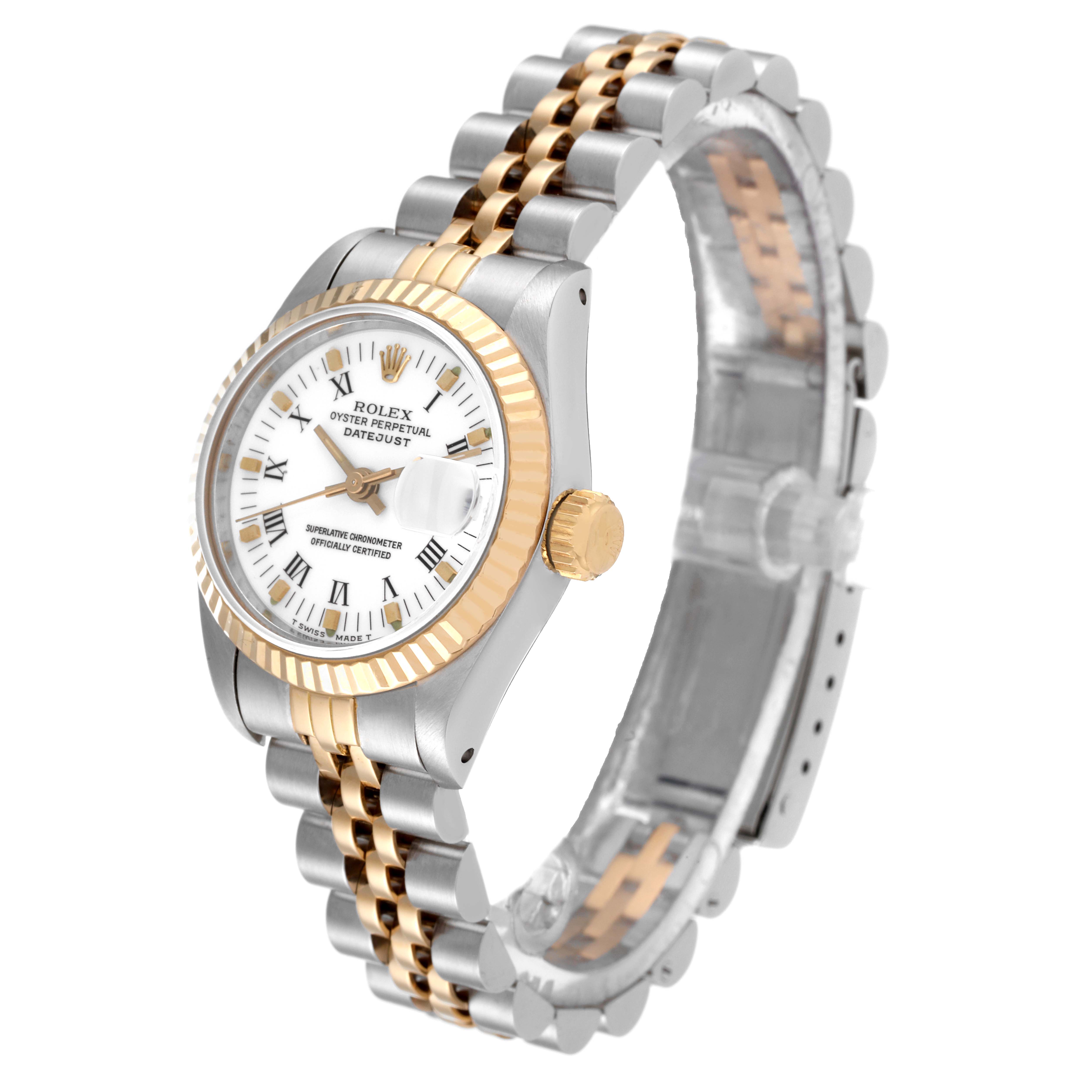 The image shows a side angle of a Rolex Datejust 69173 Women's Steel and Gold (two tone) White Dial 69173 Women's Steel and Gold (two tone) White Dial watch, highlighting the face, bezel, crown, and bracelet.