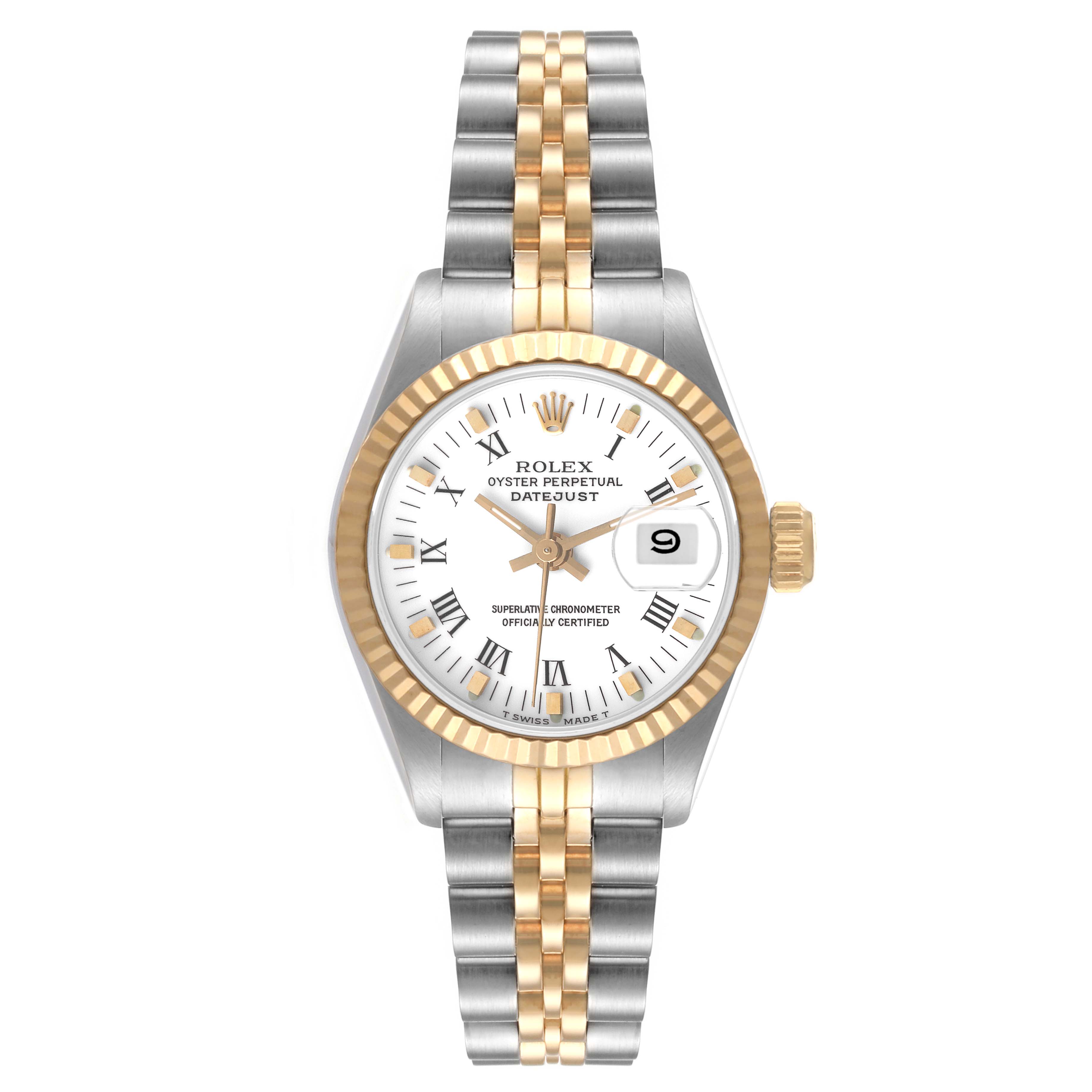 This image shows the front view of a Rolex Datejust 69173 Women's Steel and Gold (two tone) White Dial 69173 Women's Steel and Gold (two tone) White Dial watch, featuring a gold and silver Jubilee bracelet.
