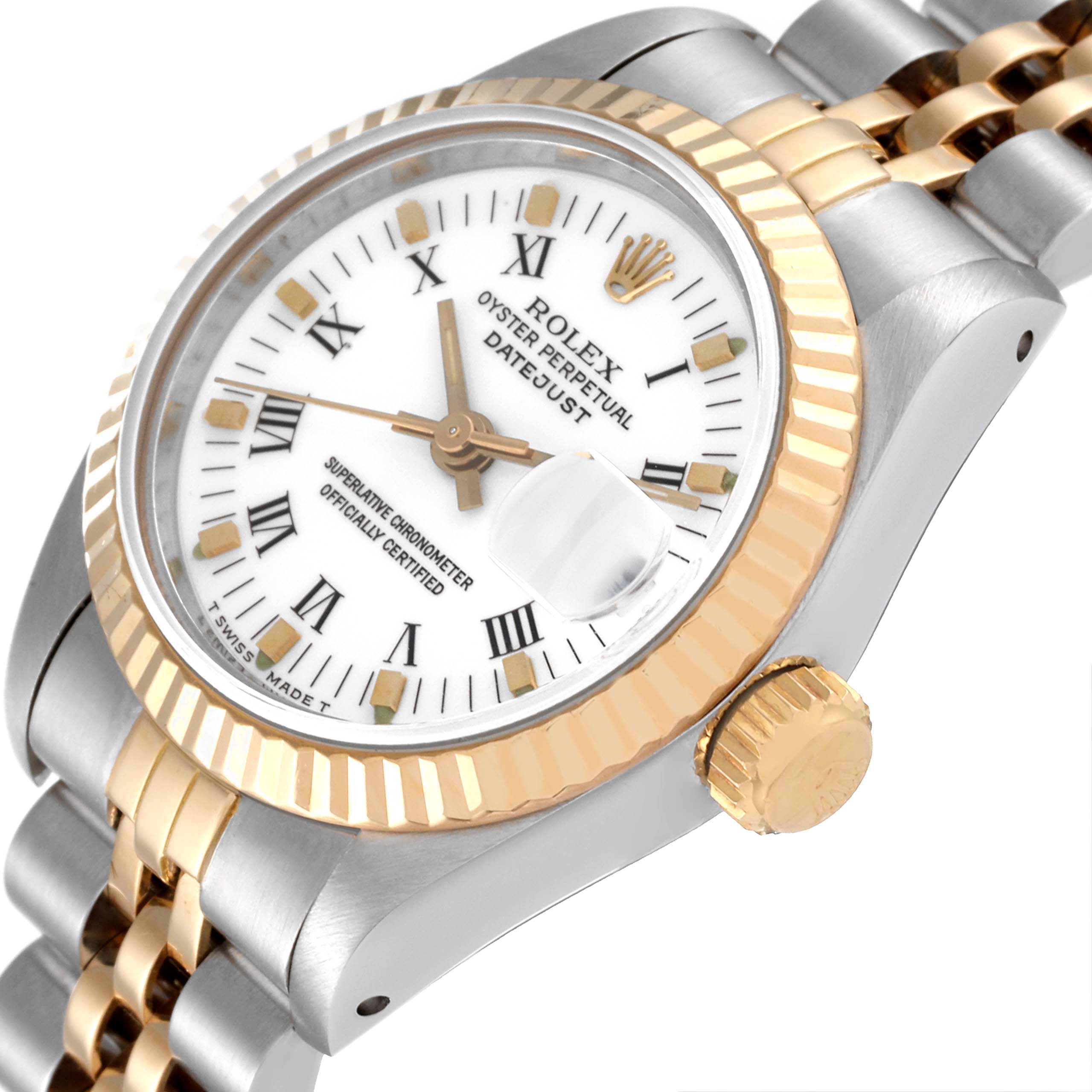 The Rolex Datejust 69173 Women's Steel and Gold (two tone) White Dial 69173 Women's Steel and Gold (two tone) White Dial watch is shown at an angled close-up, highlighting the dial, bezel, and part of the bracelet and crown.