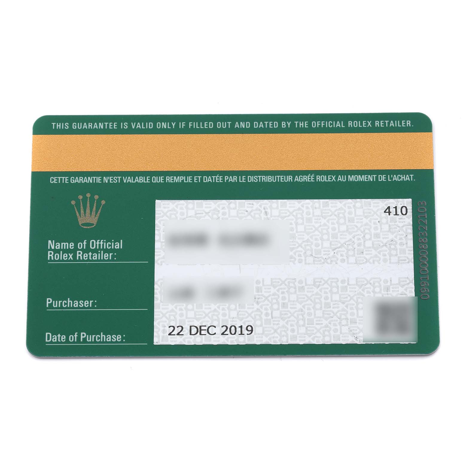 The image shows a Rolex Datejust 279174 Women's Stainless Steel White Dial 279174 Women's Stainless Steel White Dial warranty card, viewed from above.