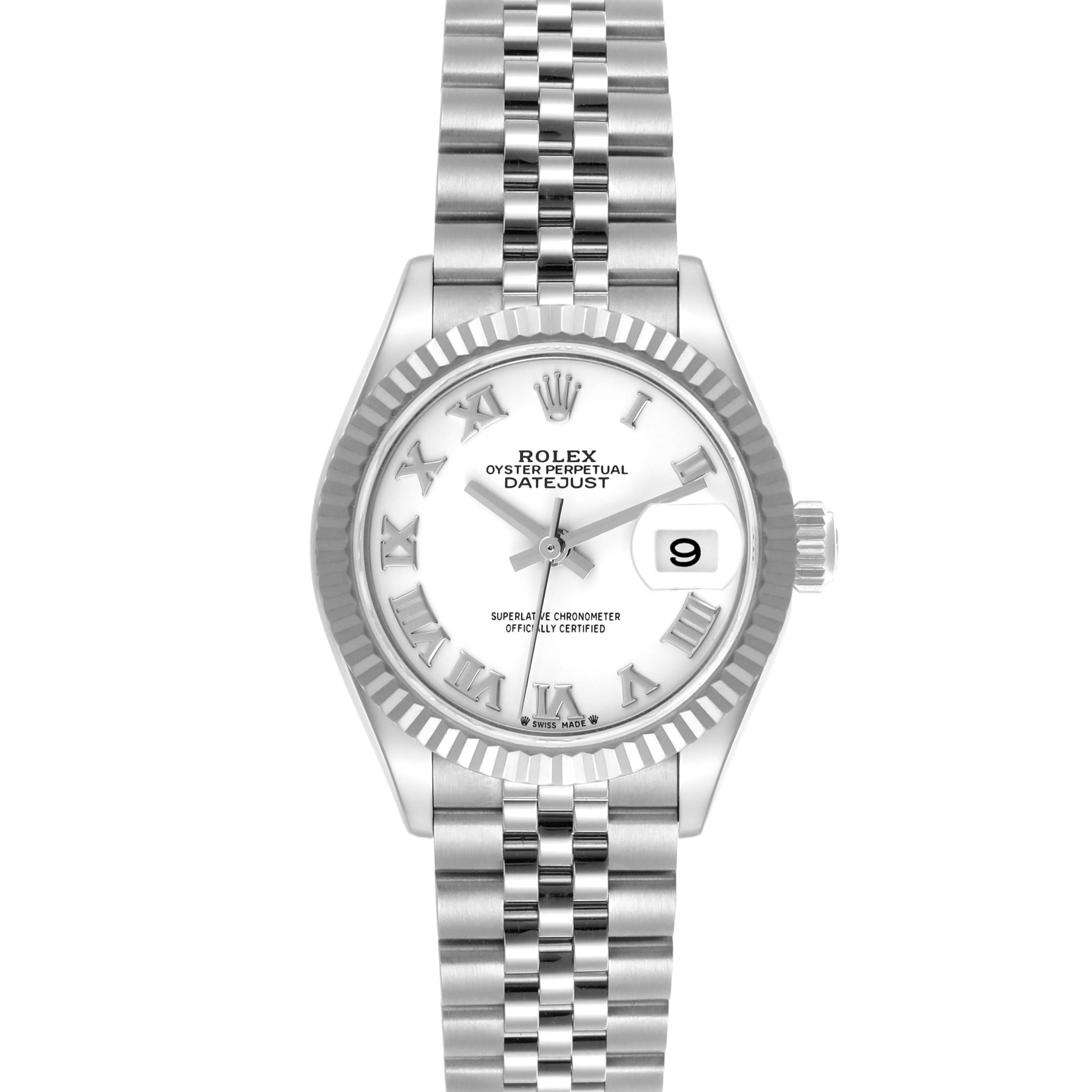 The Rolex Datejust 279174 Women's Stainless Steel White Dial 279174 Women's Stainless Steel White Dial watch is shown from a frontal angle, displaying the dial, bezel, crown, and bracelet.