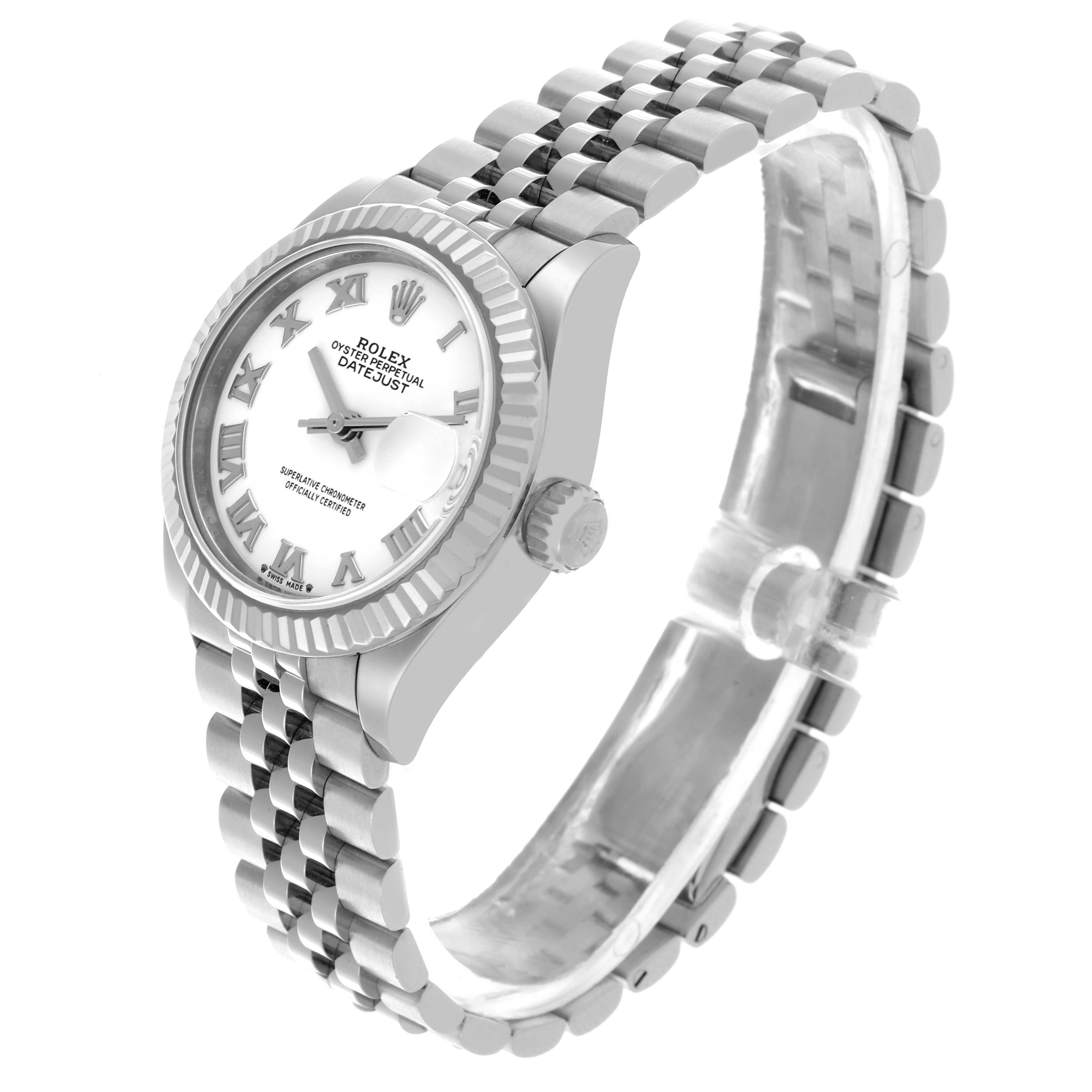 The Rolex Datejust 279174 Women's Stainless Steel White Dial 279174 Women's Stainless Steel White Dial watch is shown at a three-quarter angle, highlighting its dial, bezel, crown, and bracelet.