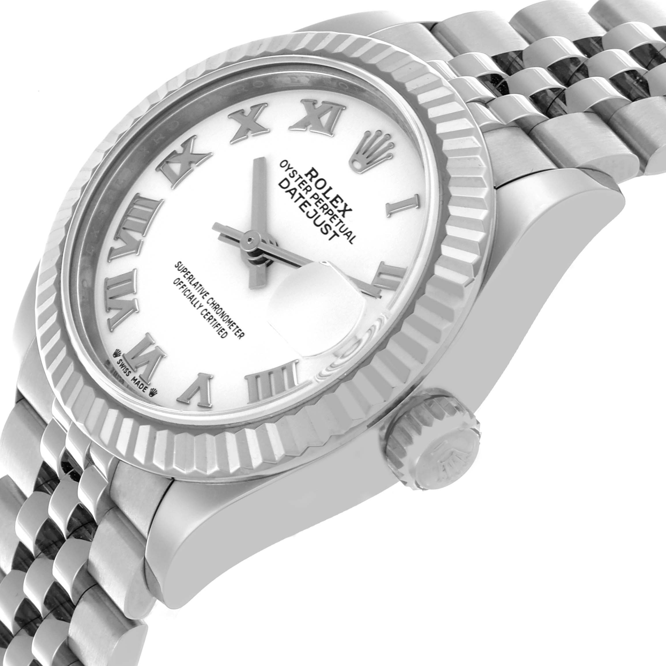 The image shows a Rolex Datejust 279174 Women's Stainless Steel White Dial 279174 Women's Stainless Steel White Dial watch from a side angle, highlighting its fluted bezel, crown, and part of the bracelet.