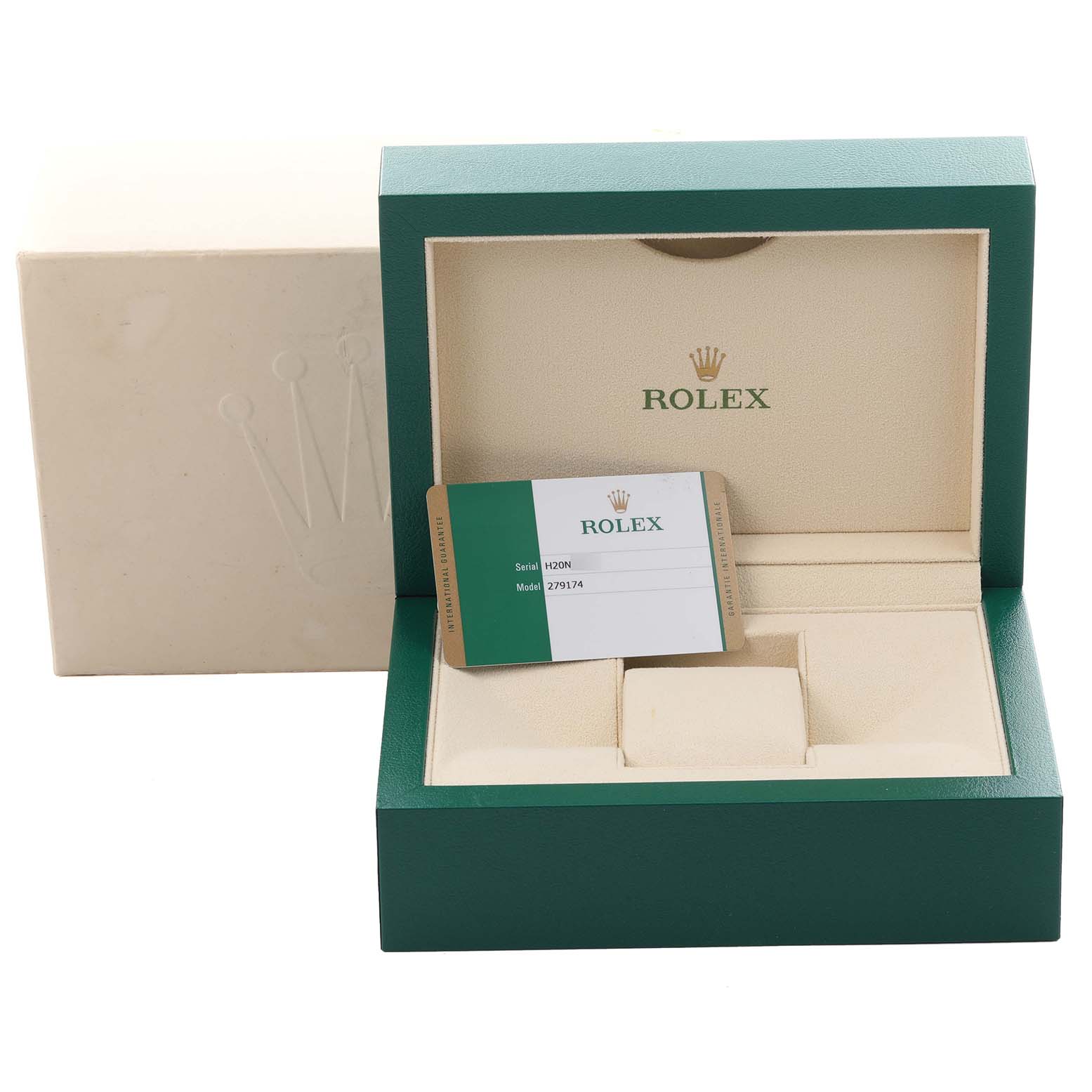 The image shows an open Rolex Datejust 279174 Women's Stainless Steel White Dial 279174 Women's Stainless Steel White Dial box featuring its inner cushion and accompanying authentication card.