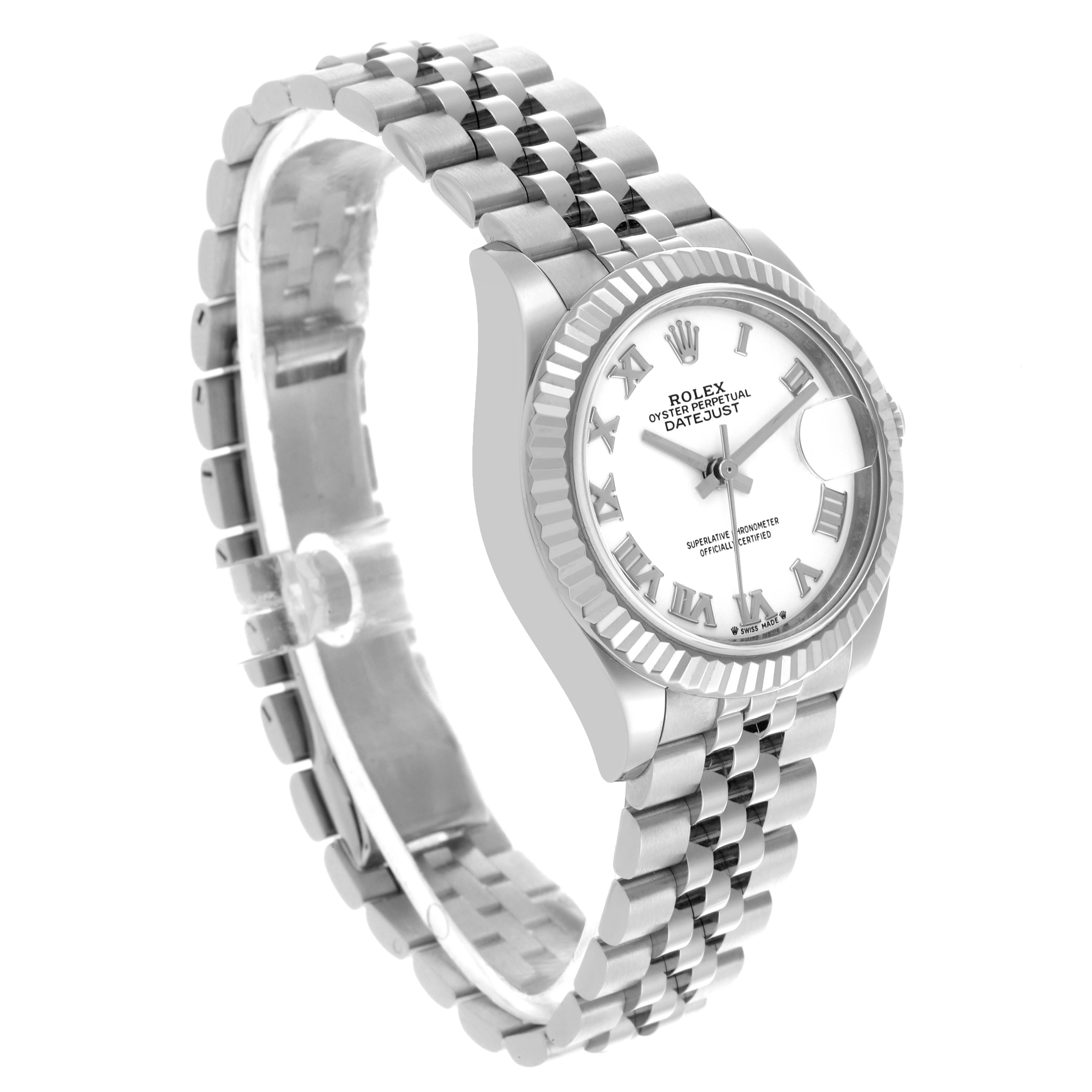 The Rolex Datejust 279174 Women's Stainless Steel White Dial 279174 Women's Stainless Steel White Dial watch is shown in a three-quarter view, displaying the face, fluted bezel, and Jubilee bracelet.