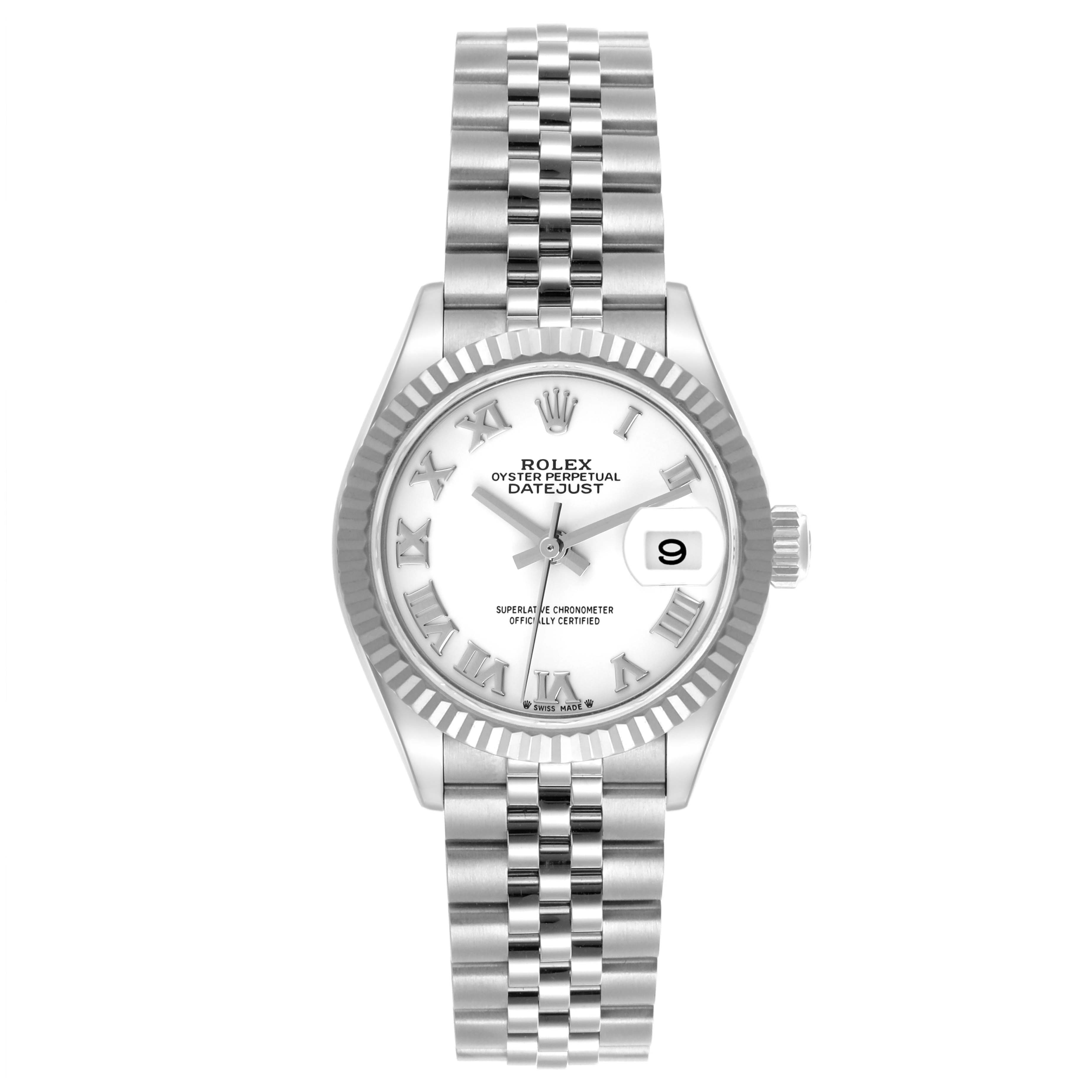The Rolex Datejust 279174 Women's Stainless Steel White Dial 279174 Women's Stainless Steel White Dial is shown from a front angle, displaying the dial, bezel, bracelet, and crown.
