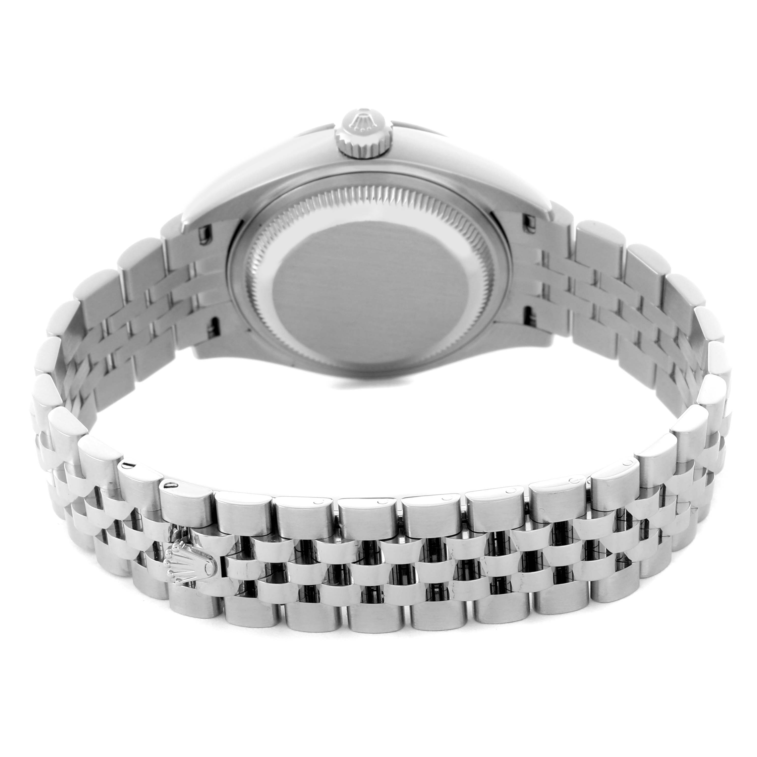 The Rolex Datejust 279174 Women's Stainless Steel White Dial 279174 Women's Stainless Steel White Dial watch is shown from the back, featuring the case back and part of the Jubilee bracelet.