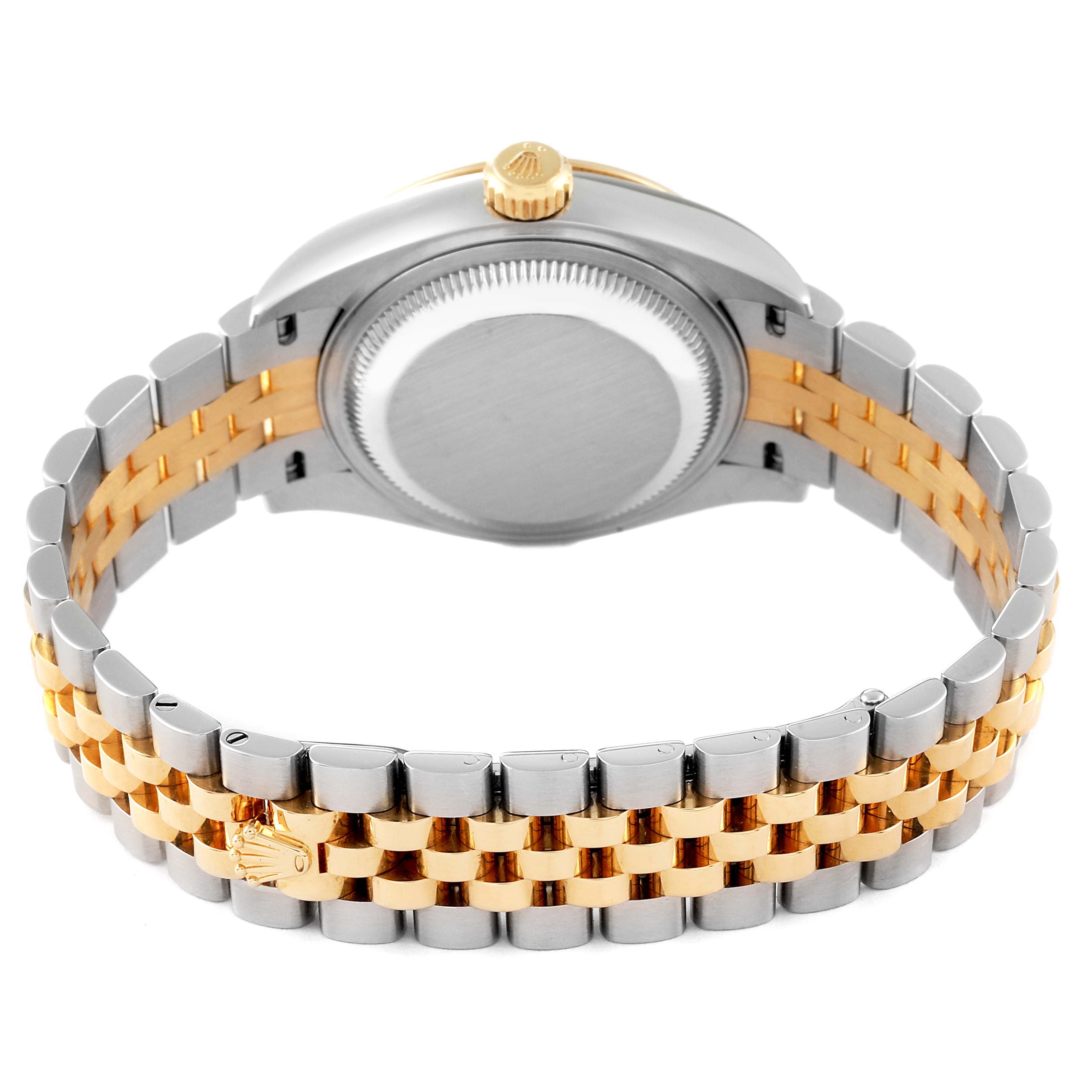 This image shows the back of a Rolex Datejust 279173 Women's Steel and Gold (two tone) Purple Dial 279173 Women's Steel and Gold (two tone) Purple Dial watch, highlighting the caseback, crown, and two-tone Jubilee bracelet.