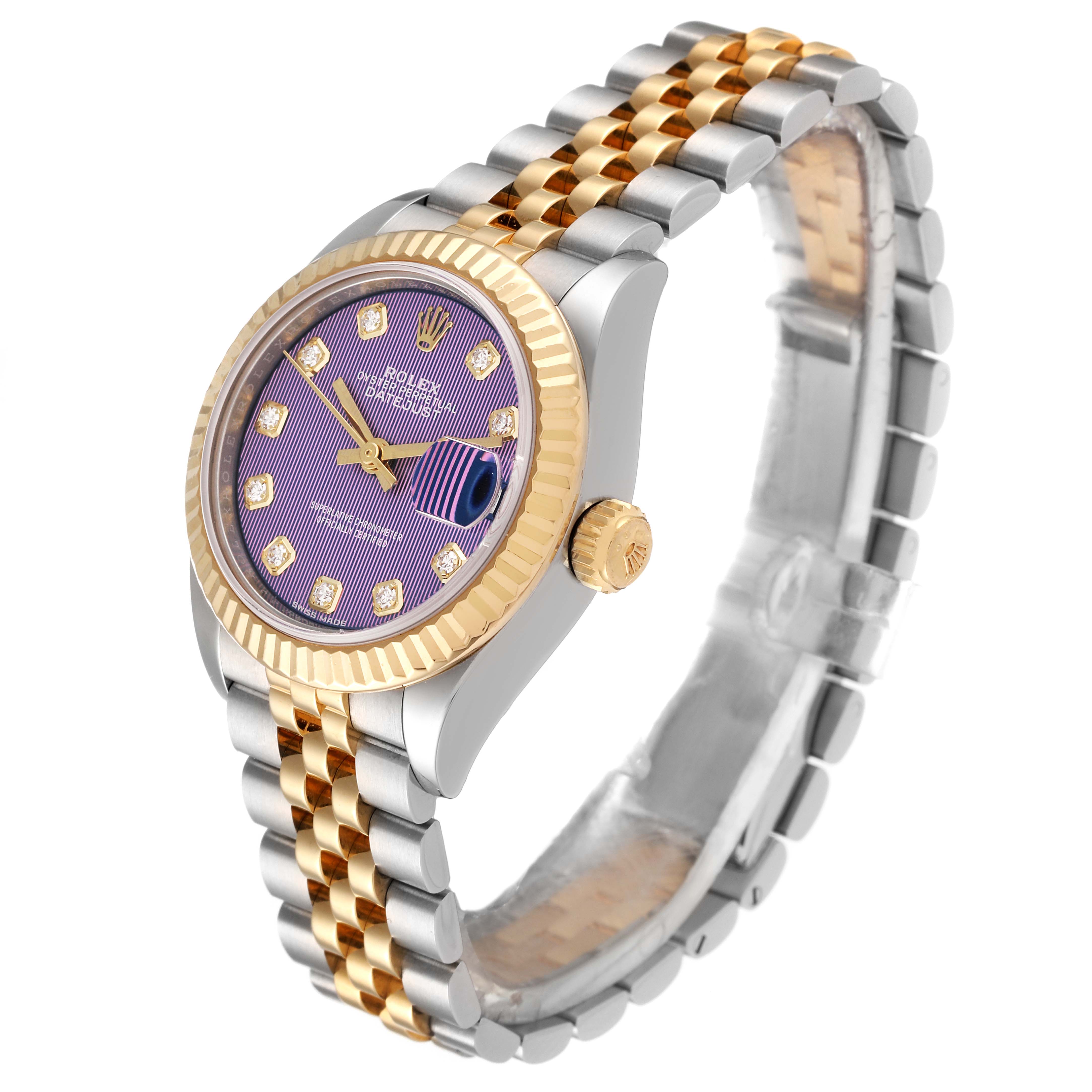 The image shows a Rolex Datejust 279173 Women's Steel and Gold (two tone) Purple Dial 279173 Women's Steel and Gold (two tone) Purple Dial watch from an angled perspective revealing the dial, case, bezel, and two-tone bracelet.
