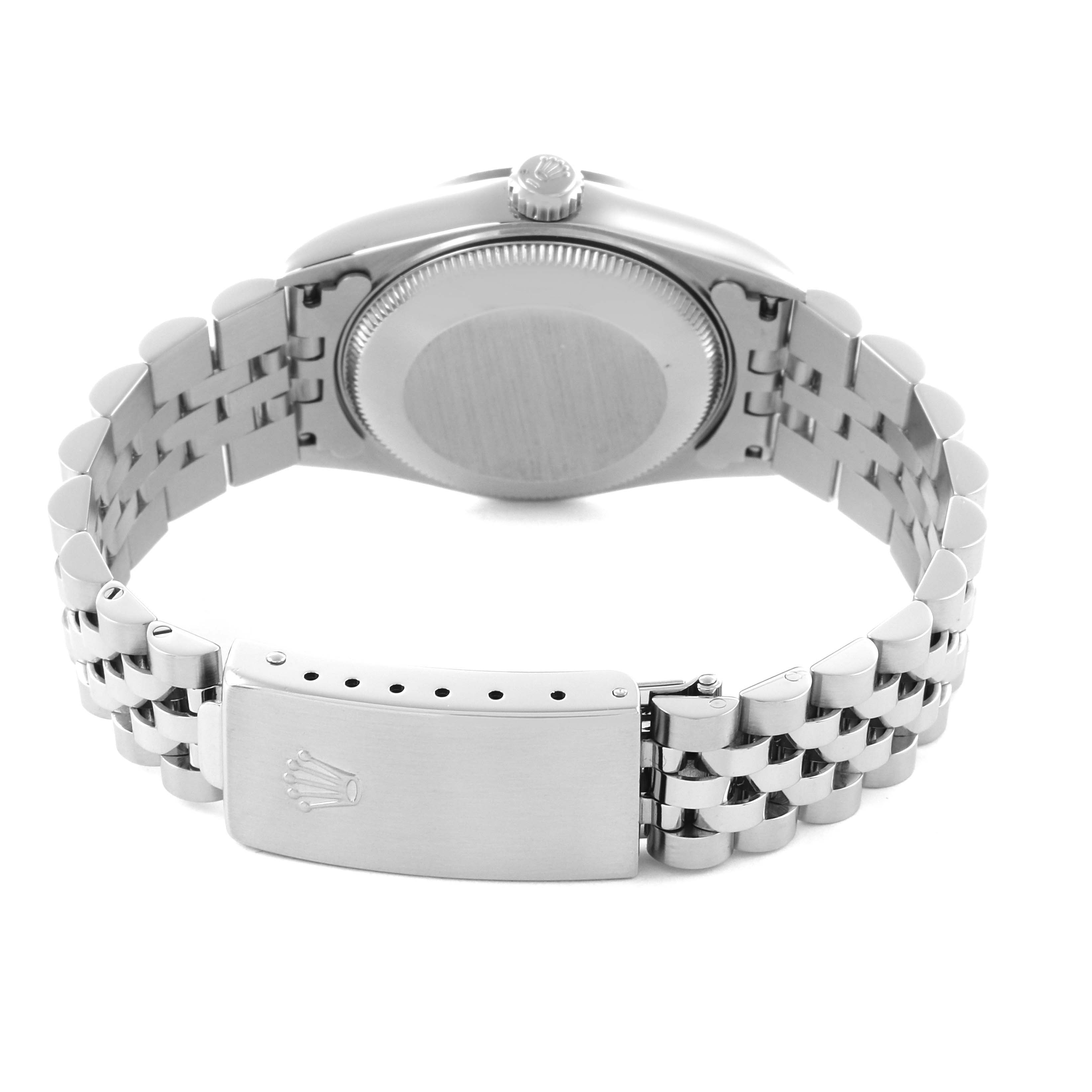 The Rolex Mid-Size 68274 Women's Stainless Steel Silver Dial 68274 Women's Stainless Steel Silver Dial watch is shown from the back, displaying the case back and bracelet clasp.