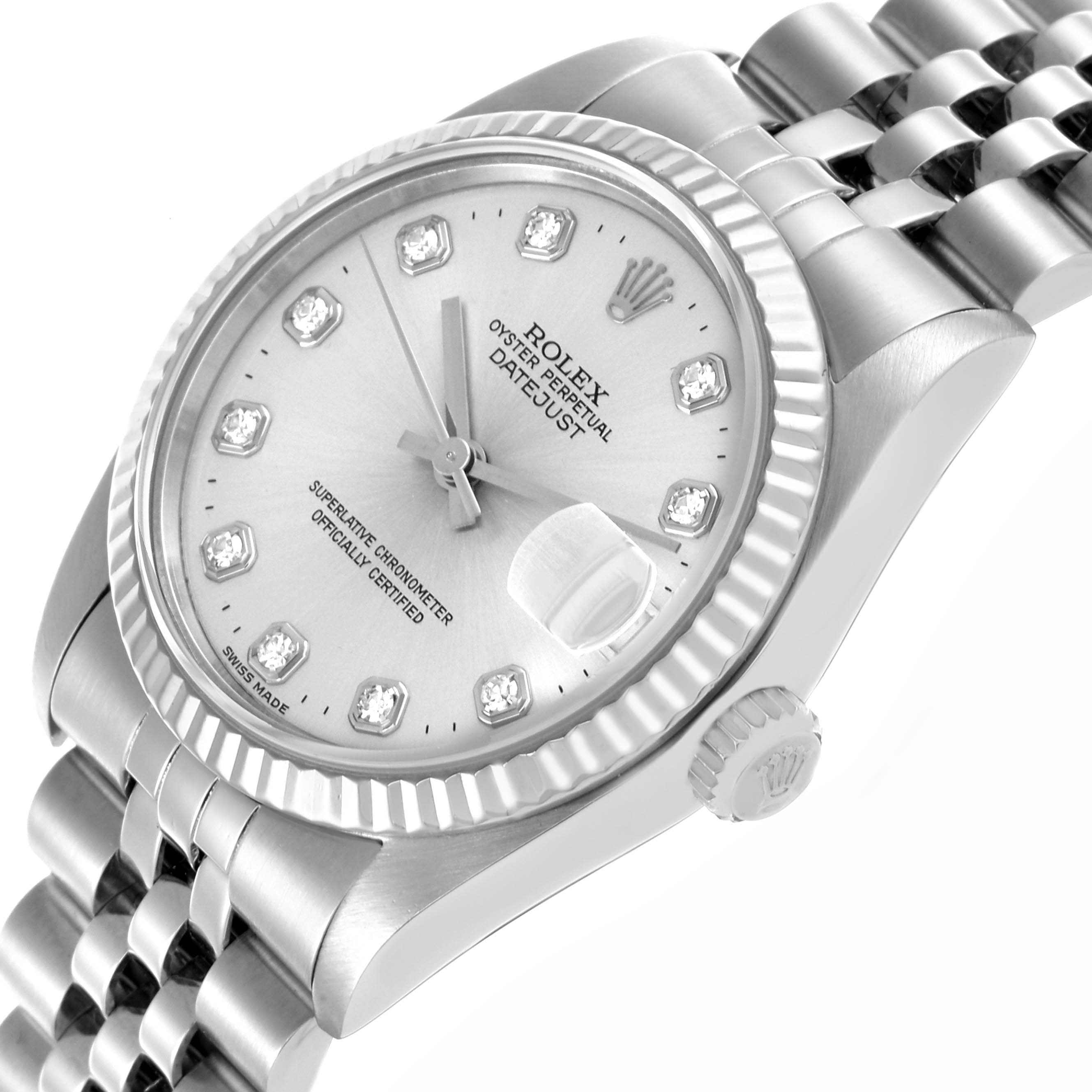 The Rolex Mid-Size 68274 Women's Stainless Steel Silver Dial 68274 Women's Stainless Steel Silver Dial Datejust is shown from an angled top view, highlighting the face, bezel, crown, and bracelet.