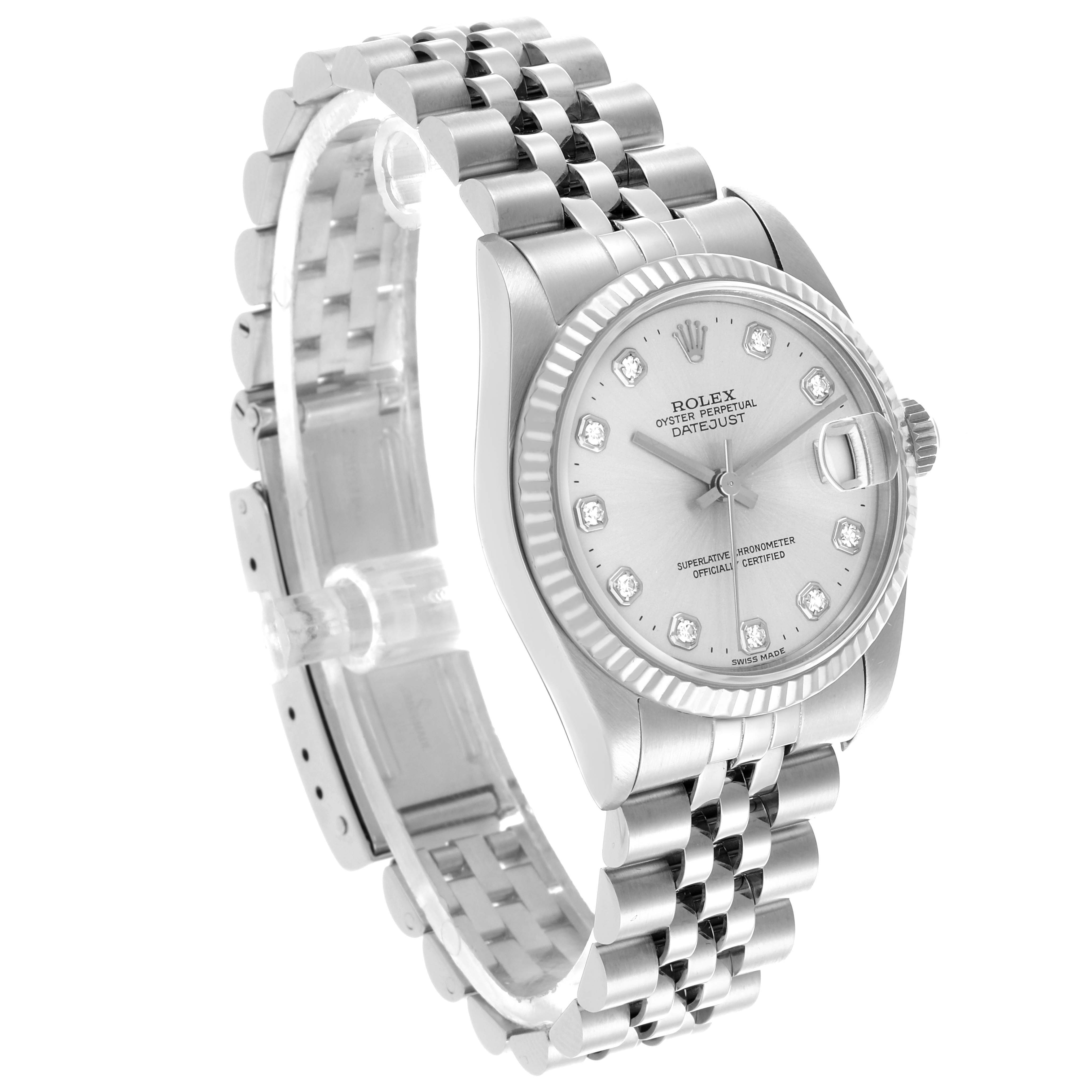 The Rolex Mid-Size 68274 Women's Stainless Steel Silver Dial 68274 Women's Stainless Steel Silver Dial Datejust is shown at a three-quarter angle, highlighting the dial, bezel, and linked bracelet.