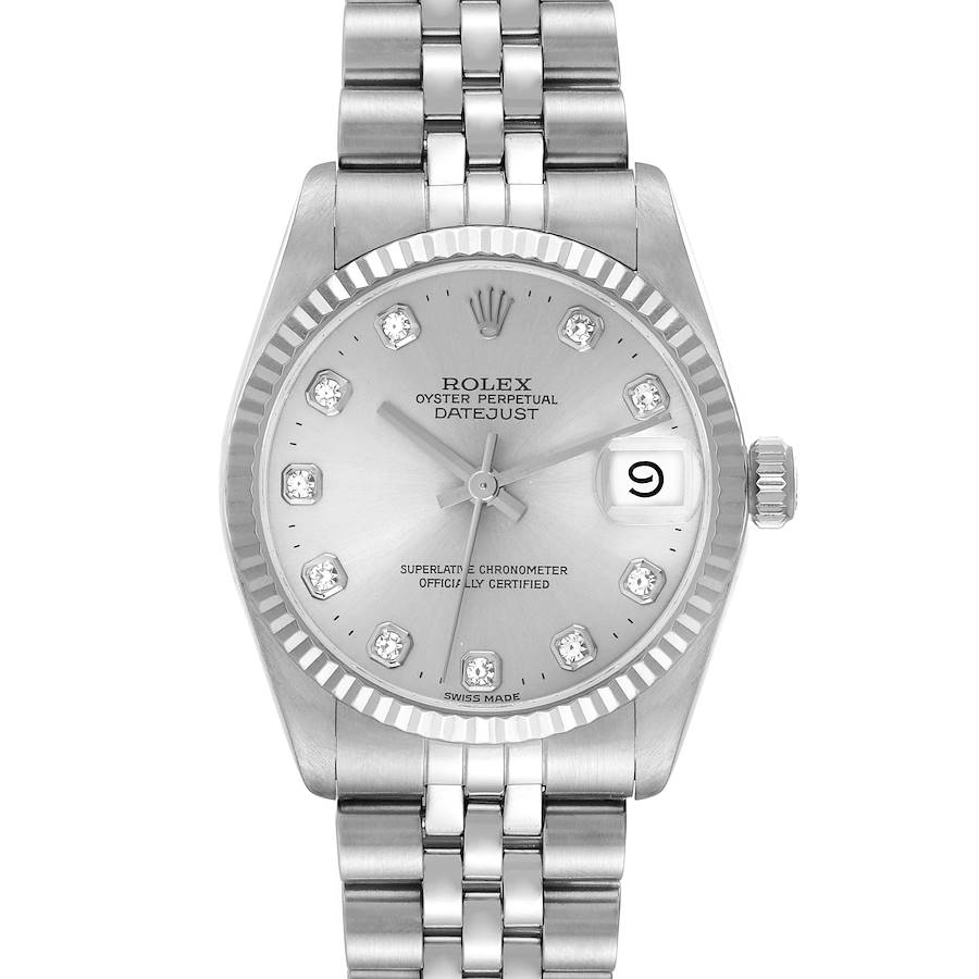 This Rolex Datejust Mid-Size is shown from the front, displaying the dial, bezel, case, and part of the bracelet.